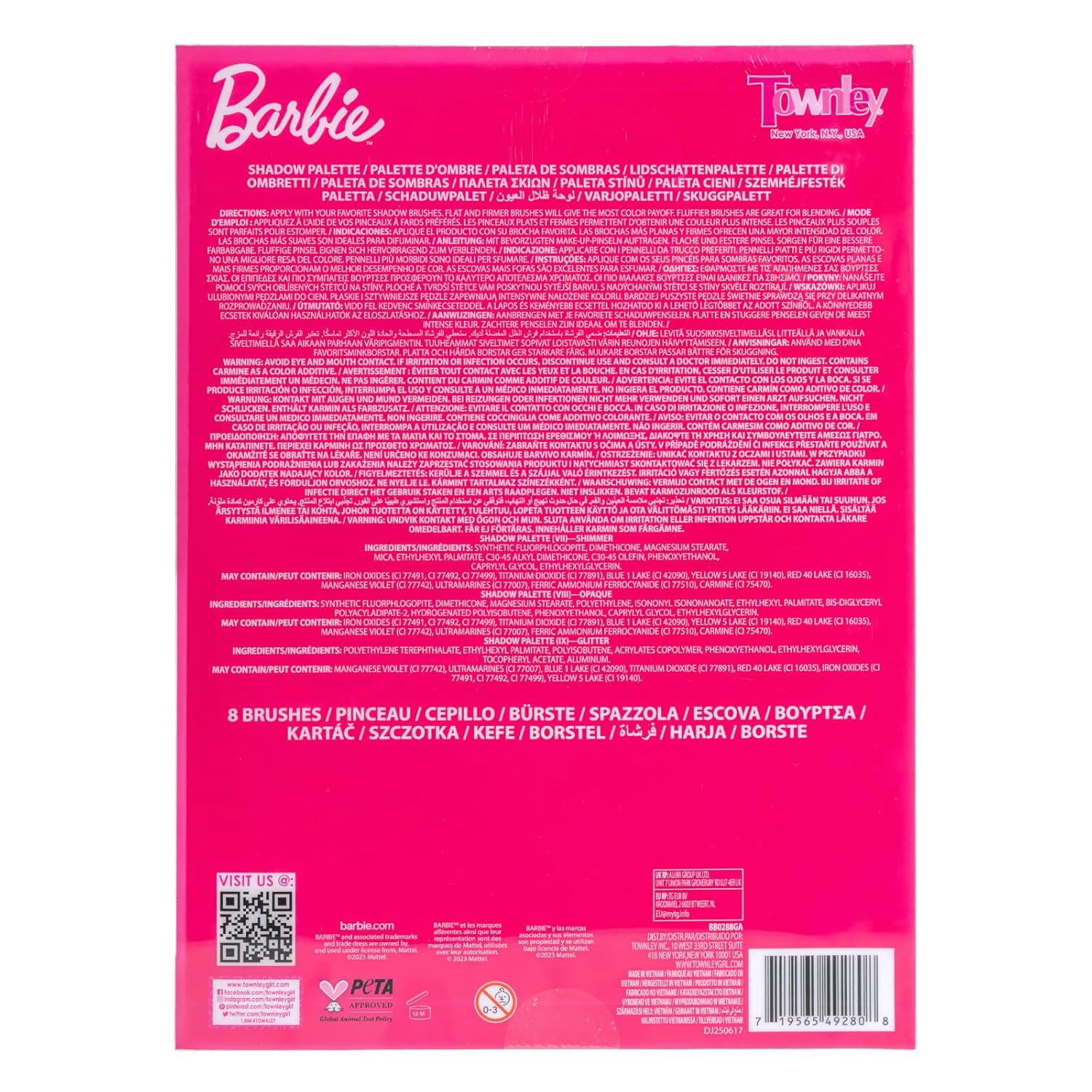 Barbie 35 Well Shadow Palette, Shimmery and Opaque Colors, Pigmented Blendable, 8 Application Brushes Ages 8+, by Townley Girl