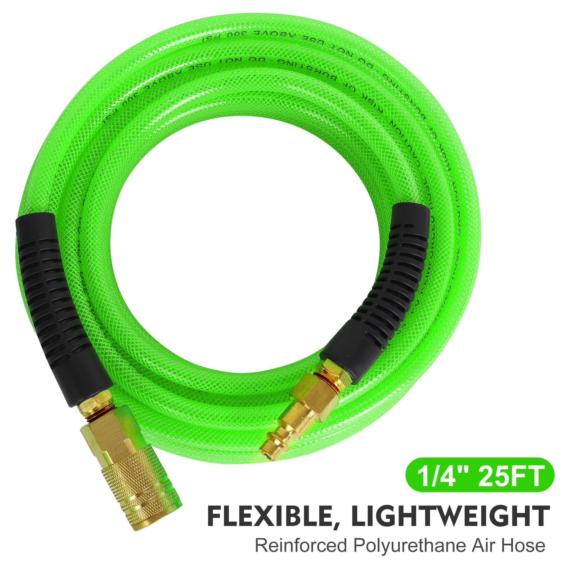 Air Compressor Hose 1/4 Inch x 25 Feet Reinforced Polyurethane (PU) Air Hose with Fittings, Bend Restrictors, 1/4" Industrial Quick Coupler and Plug Kit, Green