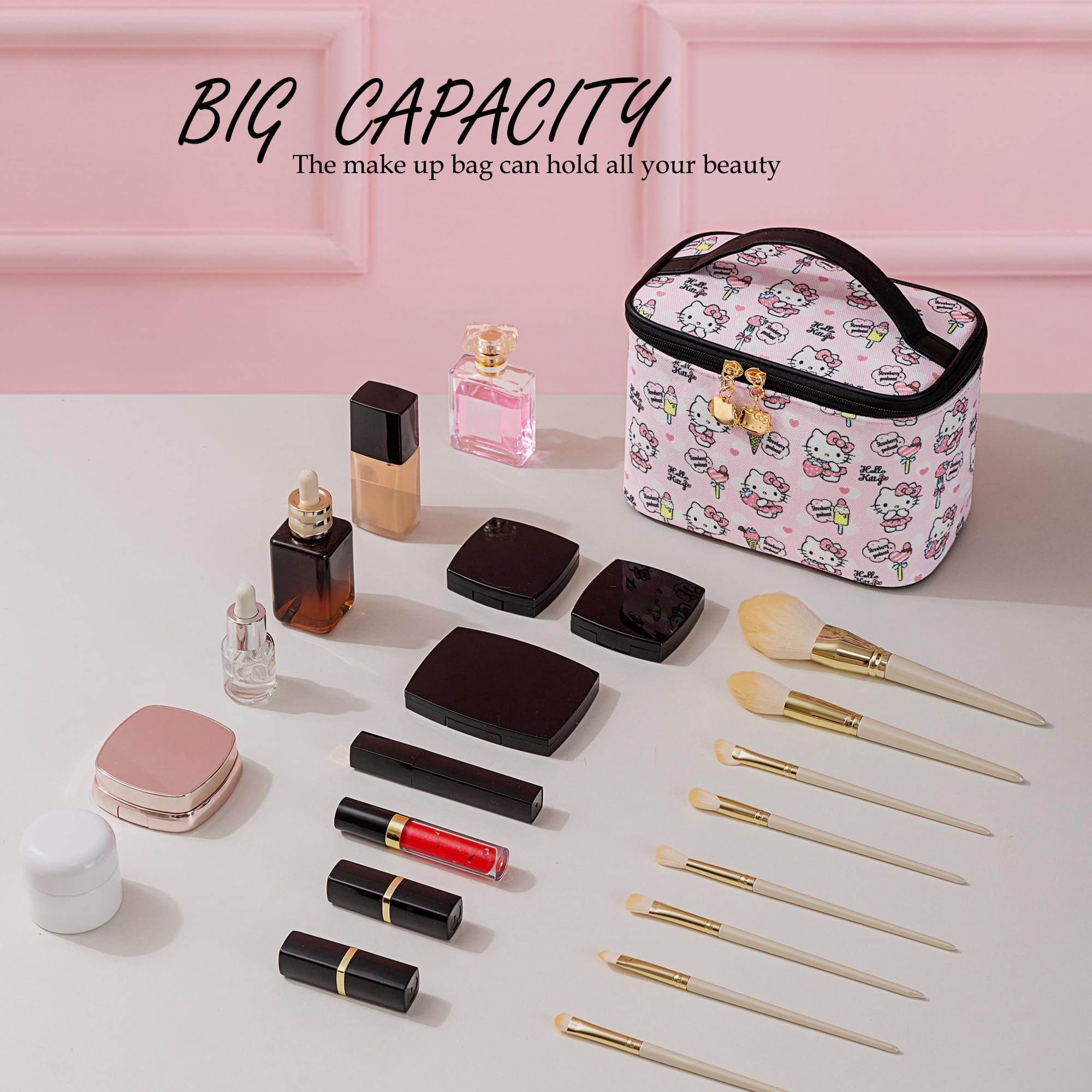 AmBealla Makeup Bag Large Waterproof Cosmetic Bags with Makeup Brush Holder,Cute Printed Makeup Organizer for Women Traveling,Portable Toiletry Bag for Girls