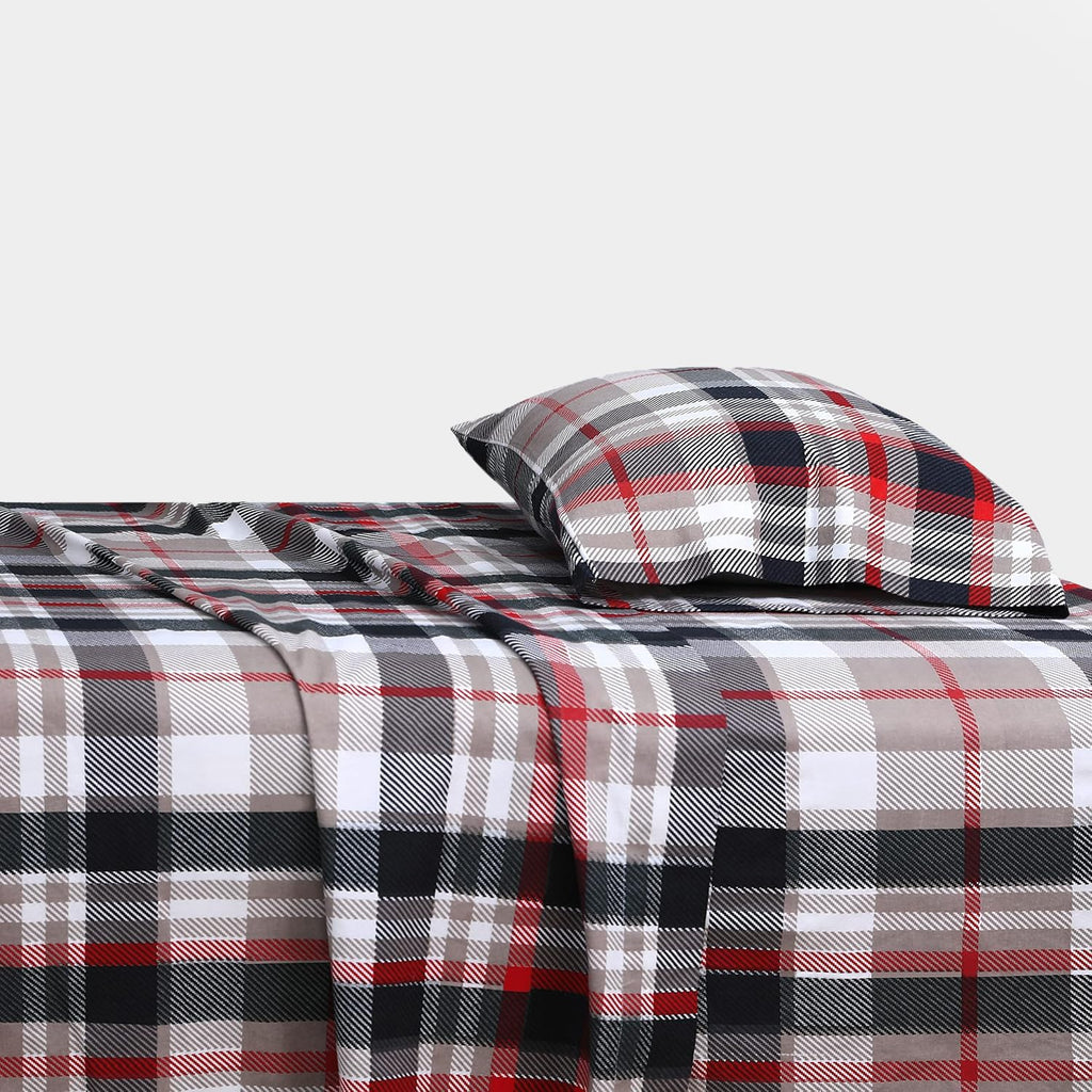 Feather & Stitch 100% Cotton Flannel Twin Sheet Set, 3 Piece Brushed Cotton Flannelette Flat Sheet, Winter Fitted Sheet, Heavy Weight Bedding, 16" Deep Pocket (Grey Plaid)