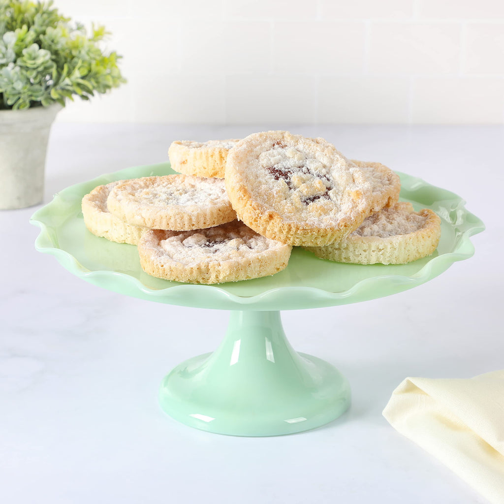 Martha Stewart Watercrest Glass Cake Stand, 10.2 Inch Footed Pedestal Cake Plate with Scalloped Ruffled Edge, Clear Handmade Glassware for Weddings, Parties, and Dessert Display