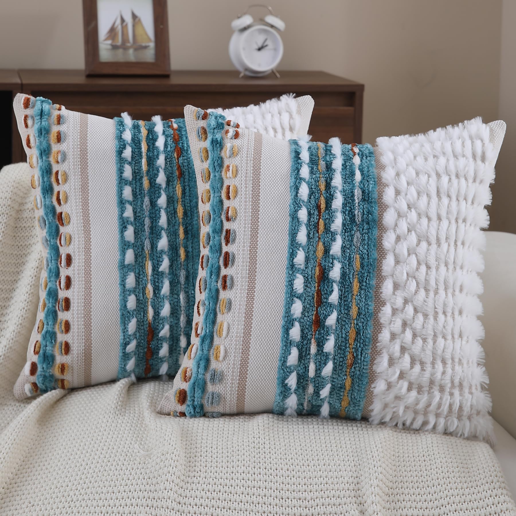 Boho Pillow Covers 18x18 Set of 2 for Couch-Modern Farmhouse Sofa Decorative Throw Pillow Covers Textured Chenille Cushion Covers Outdoor Netural Bohemian Pillow Cases Square