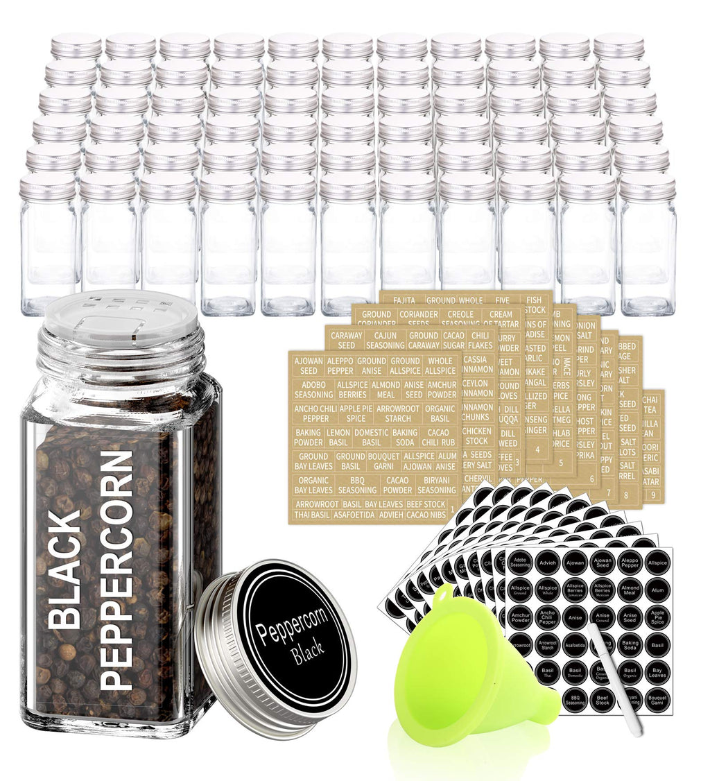 SWOMMOLY 42 Glass Spice Jars with 703 Spice Labels, Chalk Marker and Funnel Complete Set. 42 Square Glass Jars 4oz, Airtight Cap, Pour/sift Shaker Lid