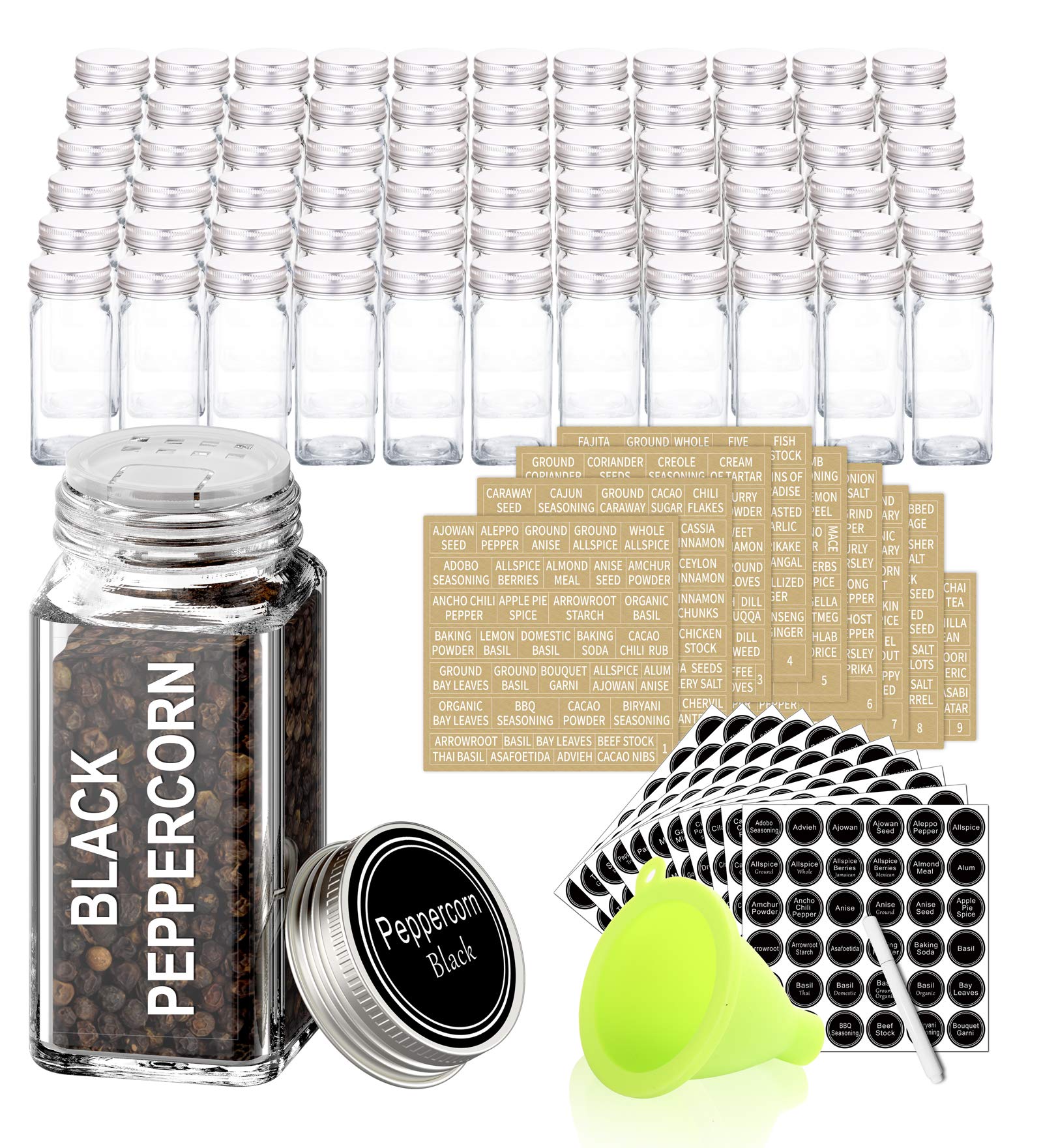 SWOMMOLY 42 Glass Spice Jars with 703 Spice Labels, Chalk Marker and Funnel Complete Set. 42 Square Glass Jars 4oz, Airtight Cap, Pour/sift Shaker Lid