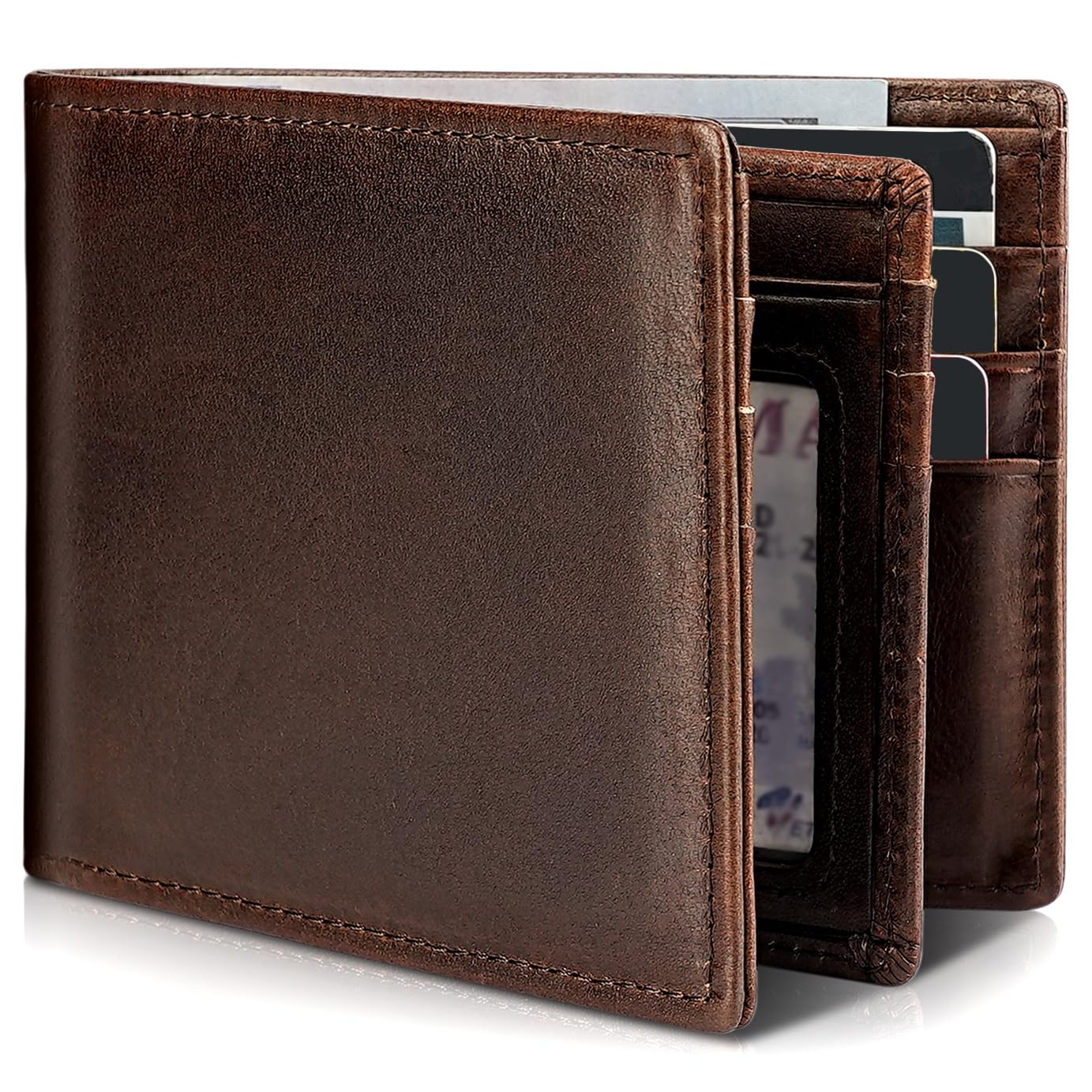 Artpaxy Mens Wallet Genuine Leather Bifold RFID Blocking Wallet for Men with 1 ID Window 13 Card Holders 2 cash pockets 1 Gift Box