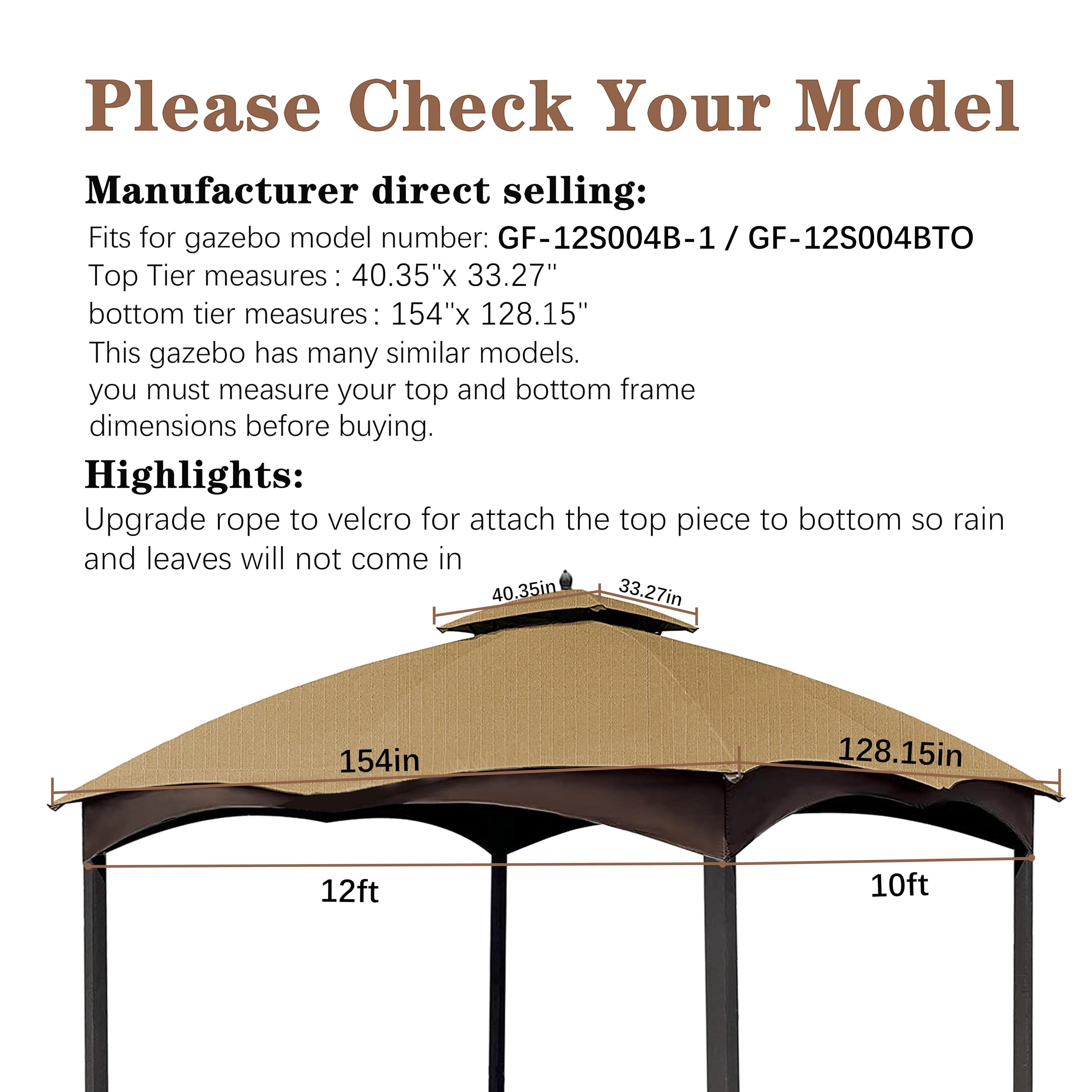 SCOCANOPY Replacement Top Compatible with The Lowe's Gazebo Model #GF-12S004B-1 / GF-12S004BTO (Grey Ripstop)