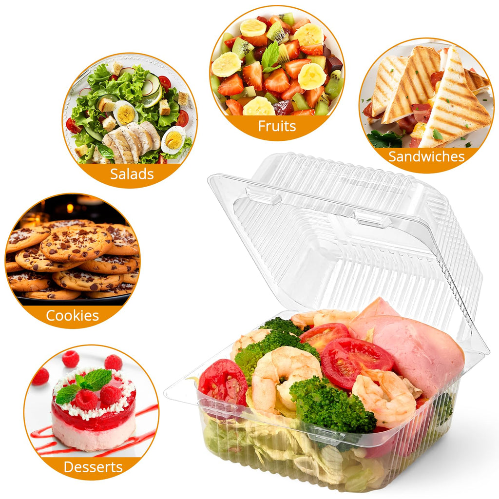 Zezzxu 50 Pack Clear Plastic Take Out Food Containers, Square Cake Slice Containers with Hinged Lids, Disposable To Go Boxes for Cookies, Desserts, Fruits, Salads, Sandwiches