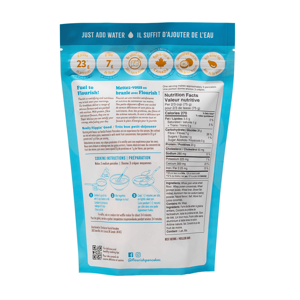 Flourish Protein Pancake & Waffle Mix, with Whey Protein & Flax Seed, No Added Sugar, High in Protein & Fiber - Just Add Water - Birthday Cake Flavour 16oz (2 pack)