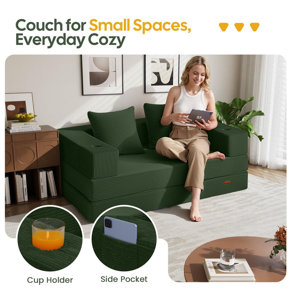 COMAX Futon Sofa Bed, 4‑in‑1 Convertible Sofa Bed, Folding Boneless Couches | Boneless Couch for living room, Fold Out Small Foldable Loveseat Floor Sleeper Mattress Lounge Space‑Saving, Ash Gray