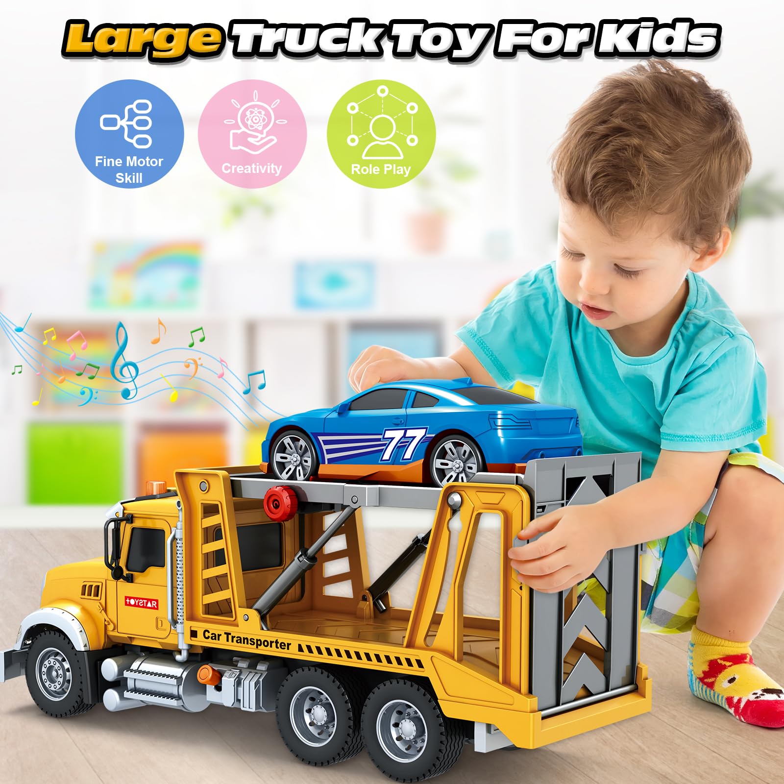 Bstoyder Kids Toys for 3 4 5 6 7 8 Years Old Boys, 15" Crane Truck Toy with Lights, Sounds, Toddler Friction Powered Truck Vehicle Toy for Boys Girls Birthday Gifts