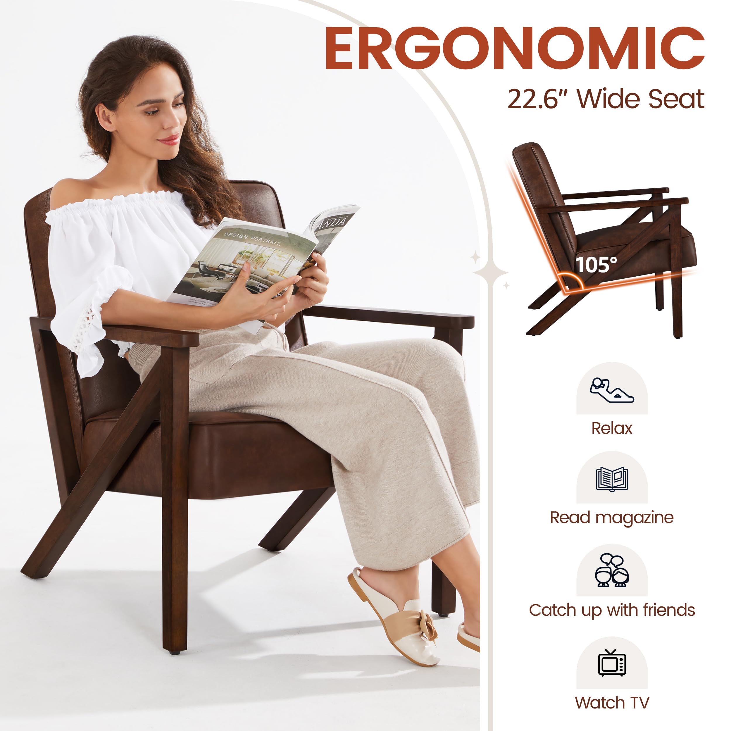 Yaheetech Accent Chair, PU Leather Reading Chair, Mid Century Modern Arm Chair with Solid Wood Frame for Living Room Bedroom Waiting Room, 2 Pieces, Black