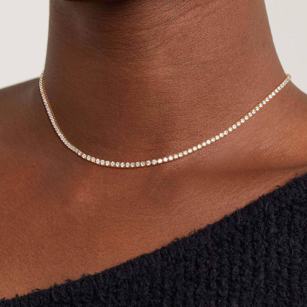 Robaice Tennis Necklace for Women, 14K Gold/Silver Plated Rhinestone Choker Necklace for Women, Dainty Cubic Zirconia Cut Faux Diamond Chain