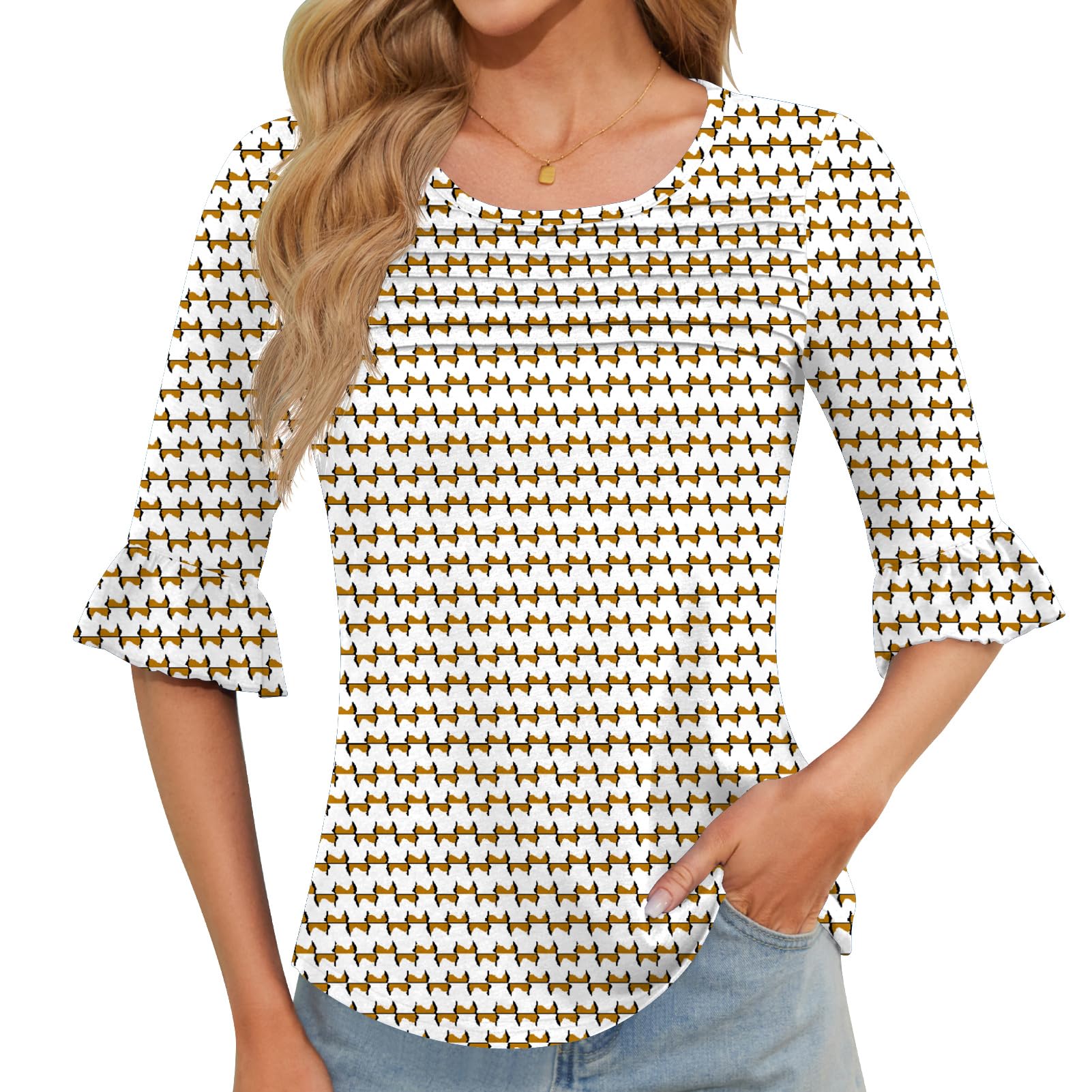 Blingfit Womens Tops 3/4 Length Sleeve Dressy Casual Shirts Bell Sleeve Front Pleated Fasion Trendy Summer Blouses 2026