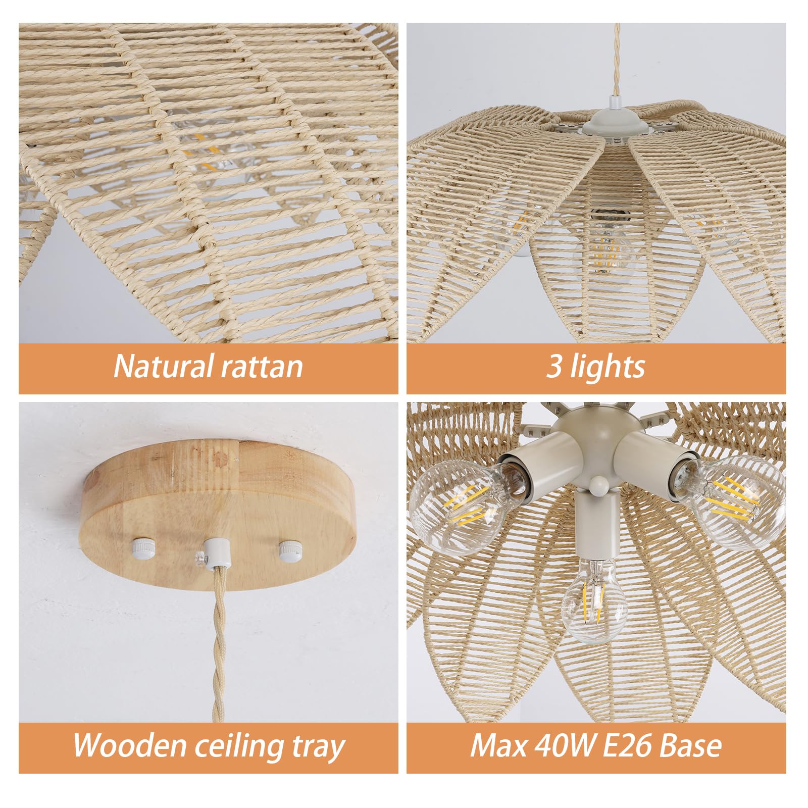 Farmhouse Chandeliers for Dining Room, 3-Light Rattan Boho Chandelier Light Fixture Hand Woven Wicker Pendant Light 24", Coastal Hanging Pendant Light for Kitchen Island Bedroom Living Room
