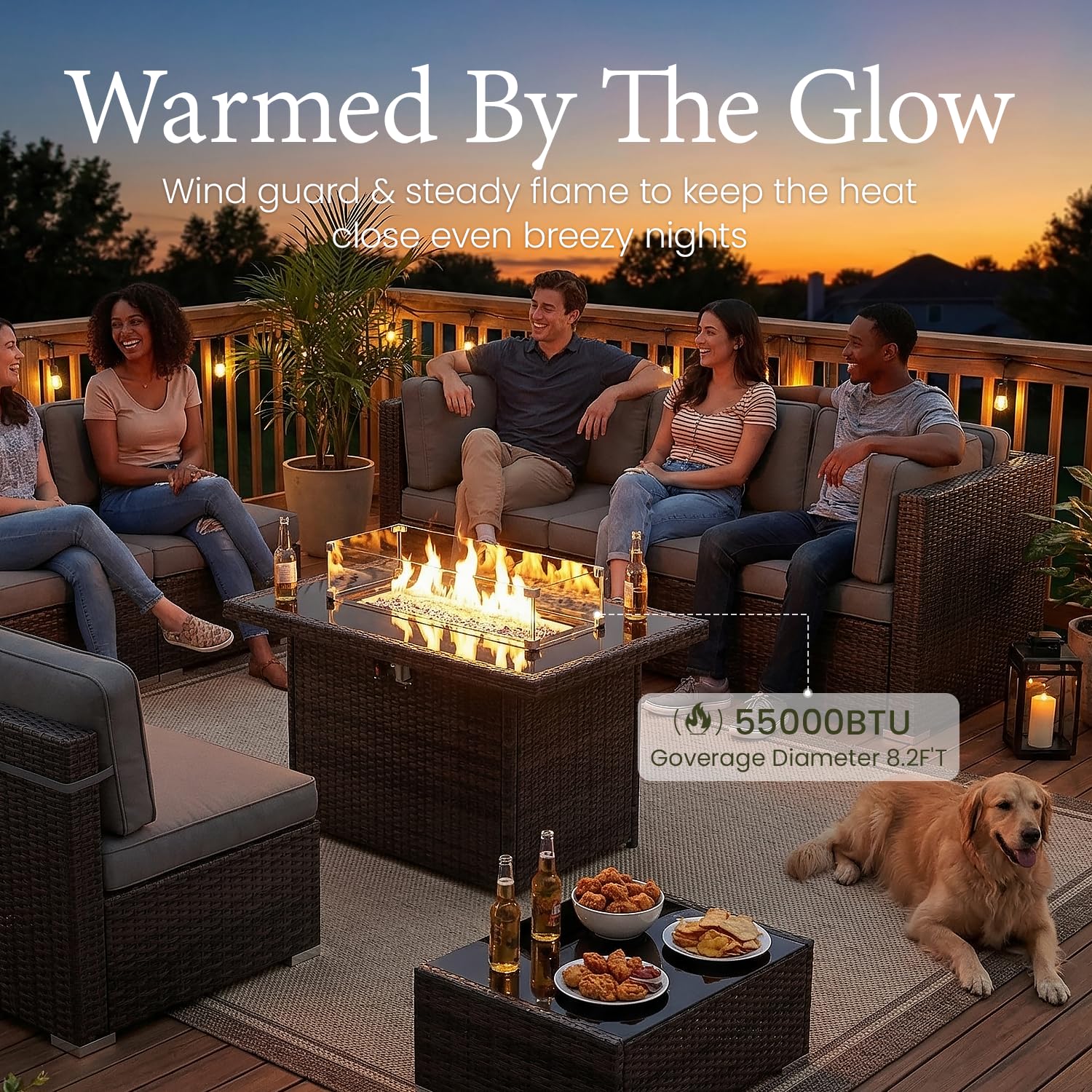 LayinSun 7 Pieces Outdoor Patio Furniture Set with 44" Fire Pit Table Rattan Sectional Sofa Conversation Sets