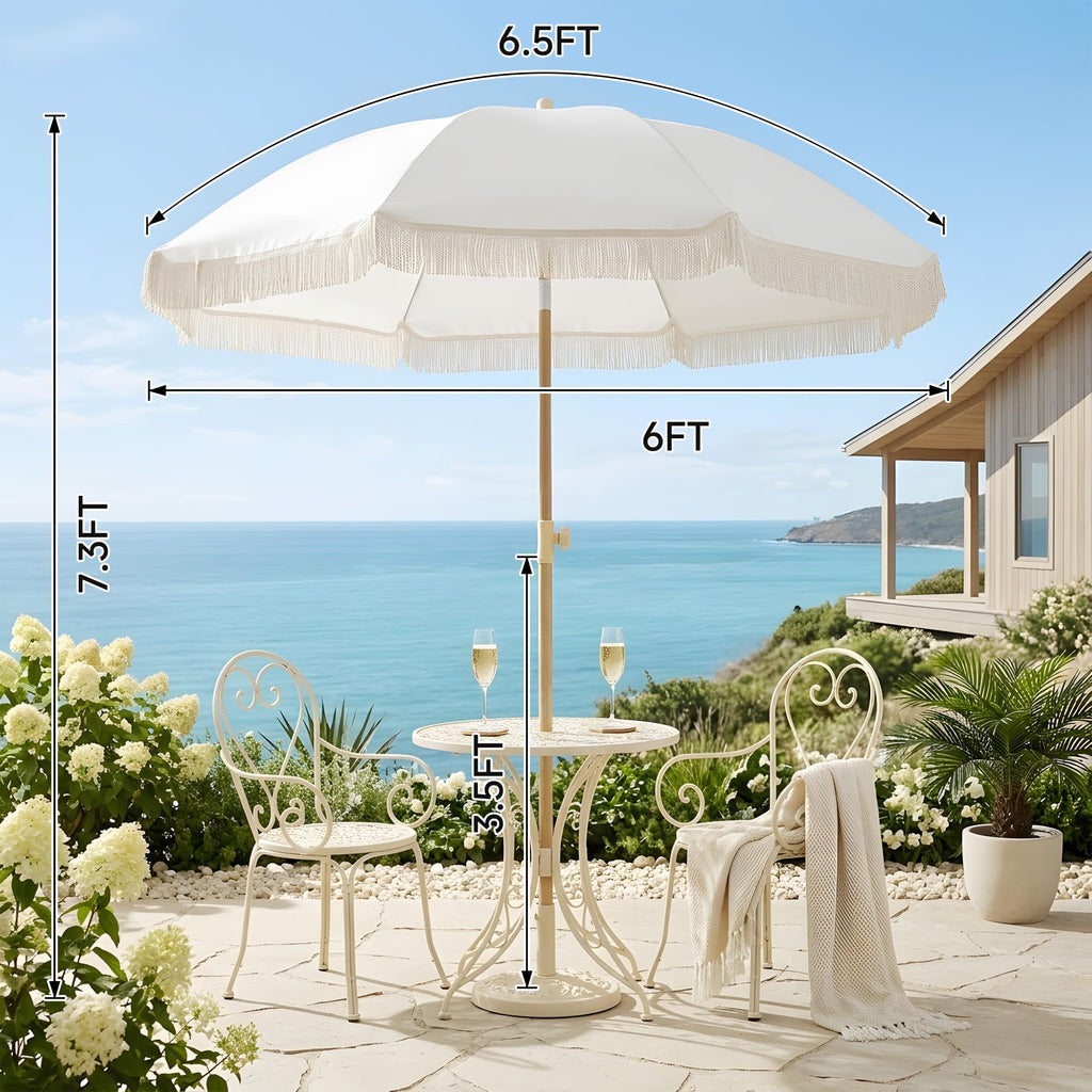 6.5FT Boho Patio Umberlla with Fringe,UPF50+ Outdoor Umbrella with Fiberglass Ribs and Push Button Tilt,Tassels Umbrella for Beach,Terrace,Picnic