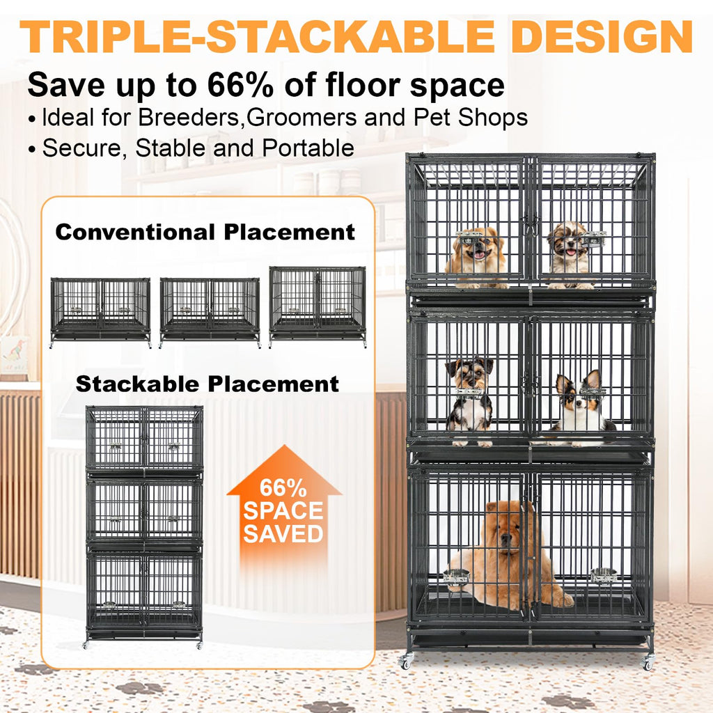 Homey Pet 37 inch Stackable Heavy Duty Dog Crate, Indestructible Escape Proof Dogs Cage Kennel with Lockable Wheels, Removable Tray & Metal Grid, Double Doors for High Anxiety Medium/Small Dogs
