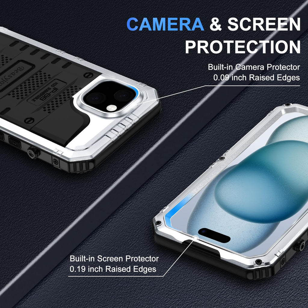 Beasyjoy for iPhone SE 2022/2020/ 8/7 Metal Case, Waterproof Heavy Duty Case with Screen Protector, Full Body Protection Military Grade Shockproof Defender Durable Sturdy Rugged Aluminum Cover, Black