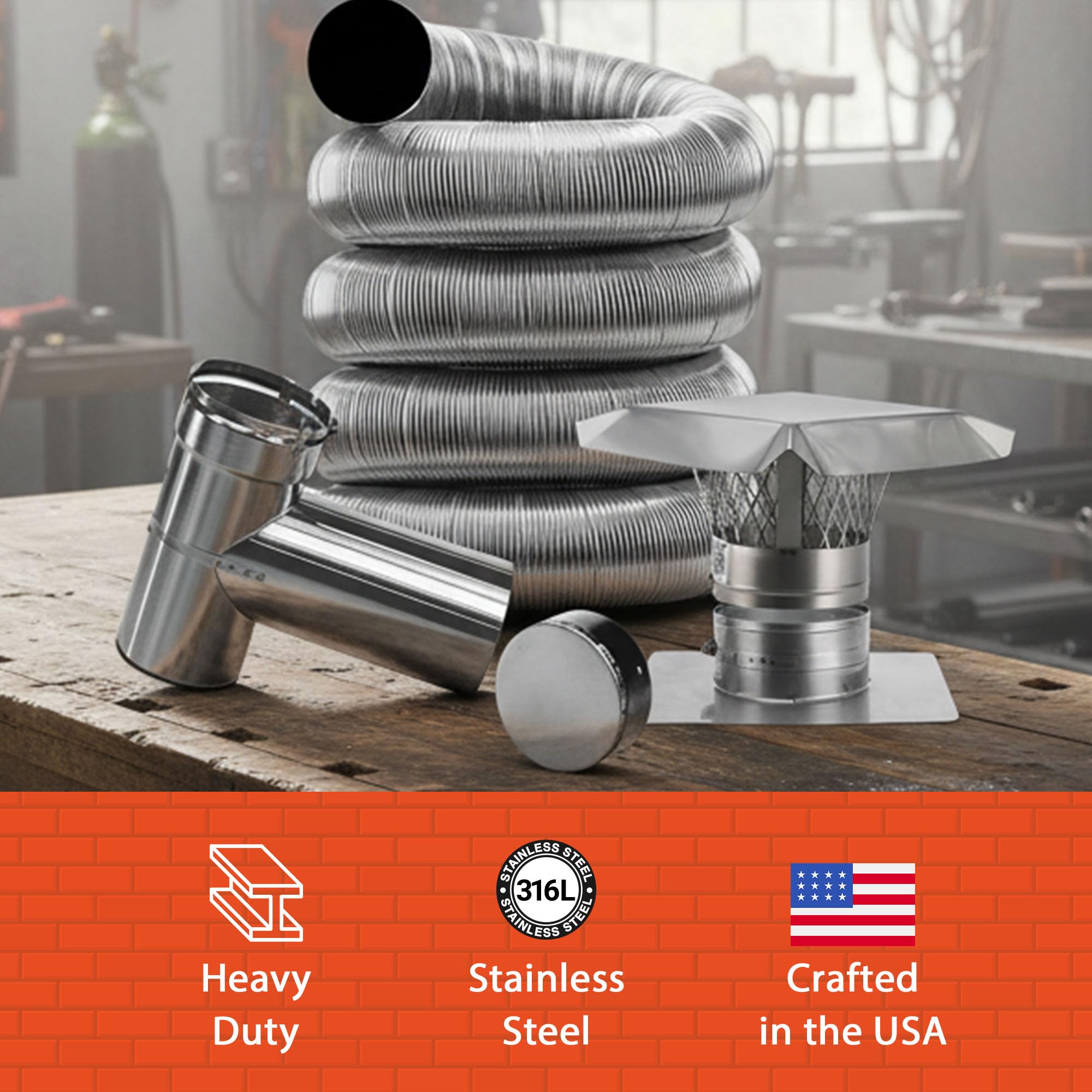 Fireside Chimney Supply Stainless Steel Chimney Liner Kit | FireSafe Flexible Chimney Liner with Tee Connector for Wood Stoves & Venting | Made in The USA | Heavy-Duty 3 Inch x 20 Feet