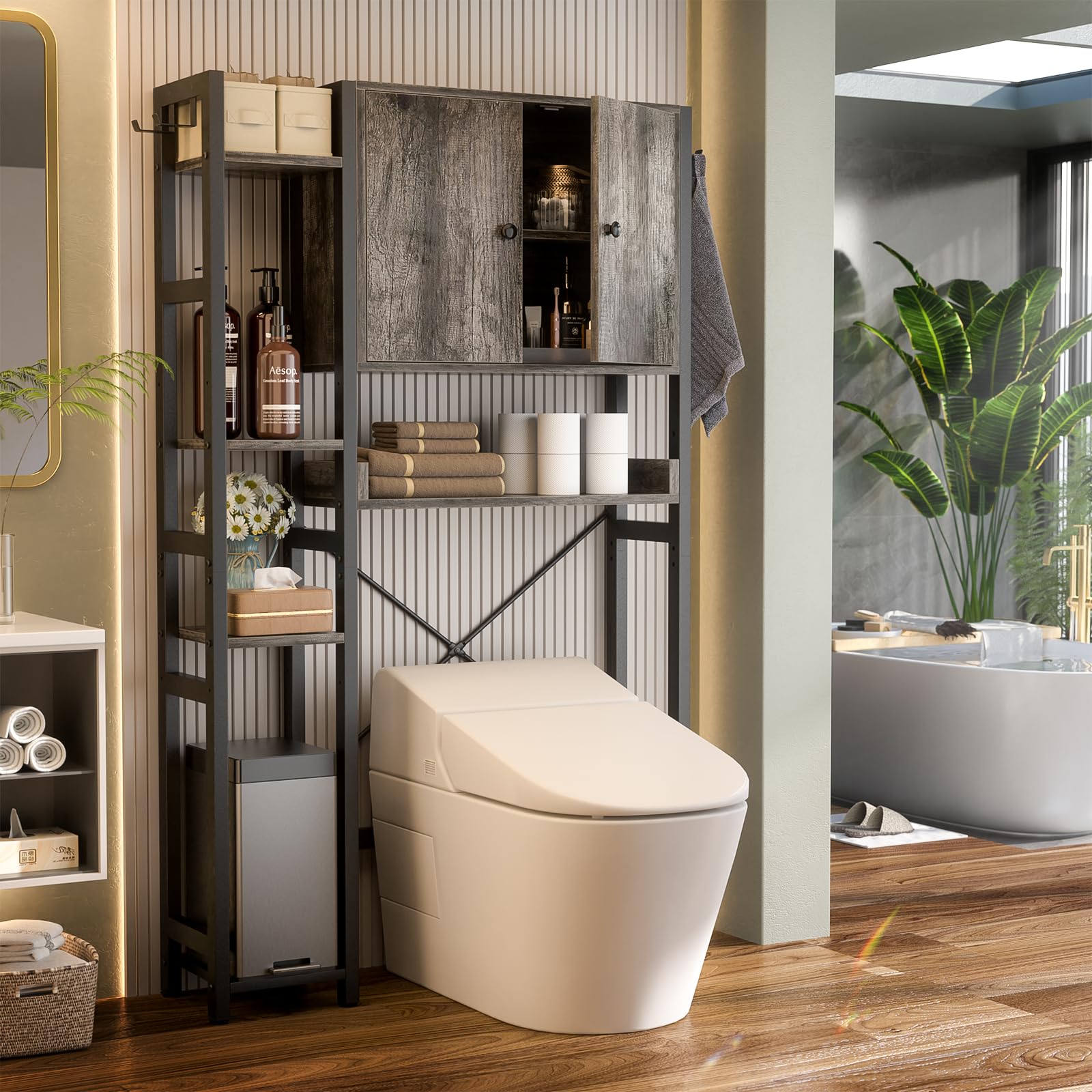 Over The Toilet Storage Cabinet with Doors - 7 Tier Bathroom Organizer with Adjustable Shelf, Freestanding Space Saver Rack Above Toilet Stand with 4 Hooks for Bathroom, Restroom, Laundry, Black
