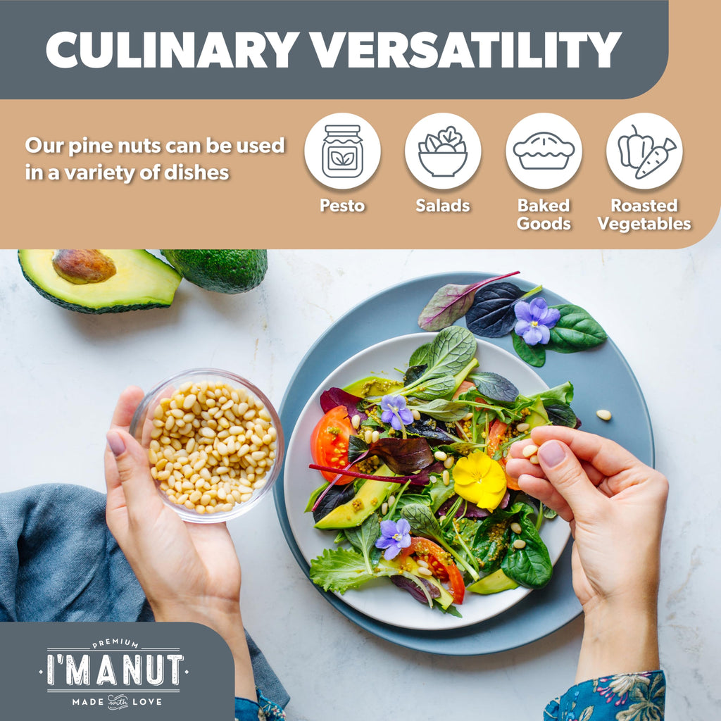 Premium Raw Pine Nuts 8oz Non-GMO, No Additives Batch Tested Gluten & Peanut Free, Resealable Pouch for Freshness, Unsalted Pine Nuts - Perfect for Pesto, Salads, Gourmet Cooking and Baking