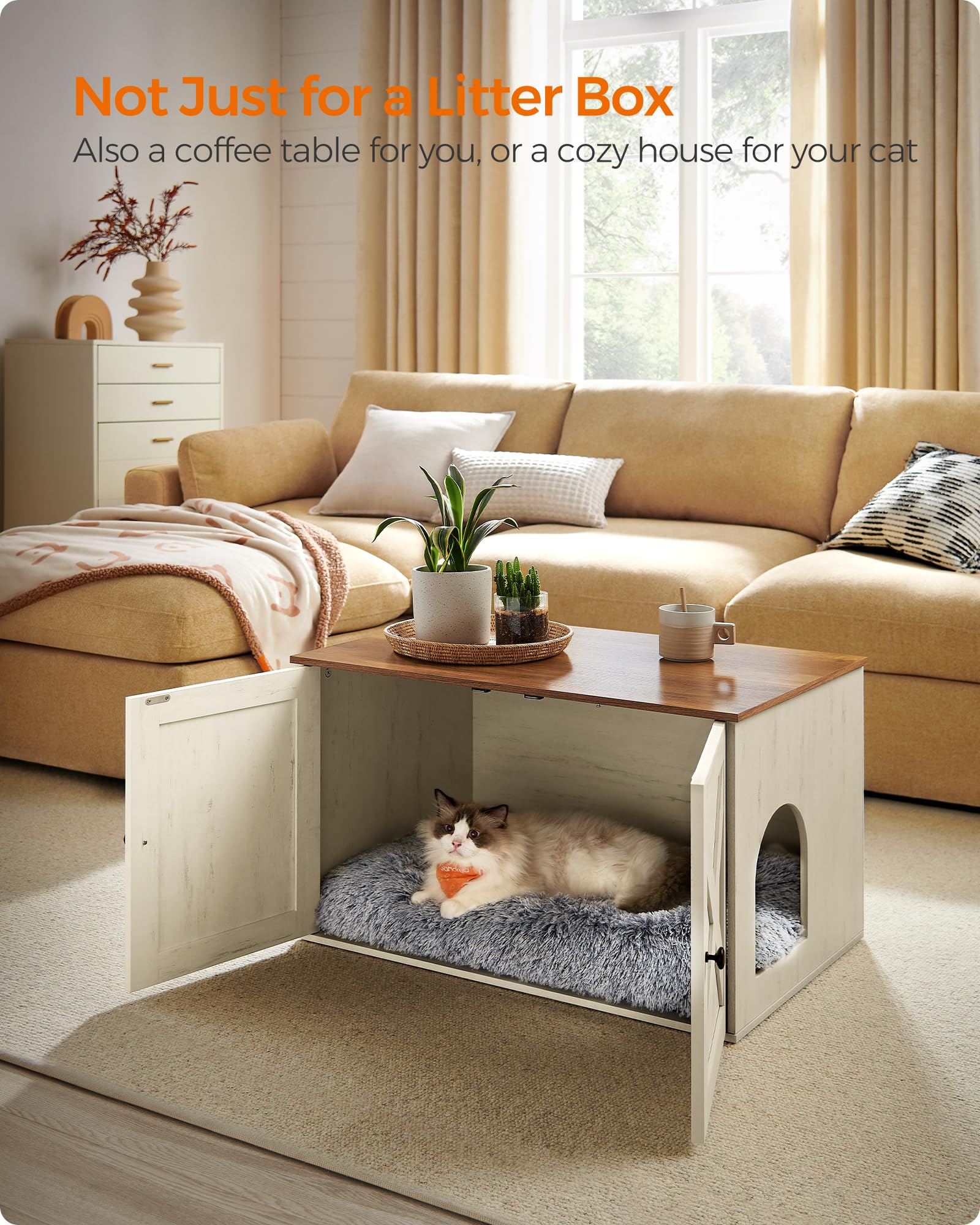 Feandrea Cat Litter Box Enclosure, Litter Box Furniture Hidden, Indoor Cat House, End Table, 27.6 x 19.7 x 19.7 Inches, Heather Greige UPCL022K01