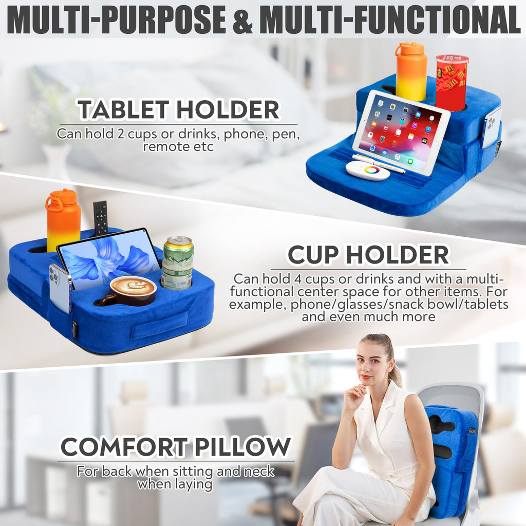 TabCouchCaddy - Couch Cup Holder Tray Pillow - Bed, Couch Caddy, Sofa, RV & Car - Holds Drinks, Snacks, Remotes, Phones, Kindle, Tablet | Bed Cup Holder (Beige)