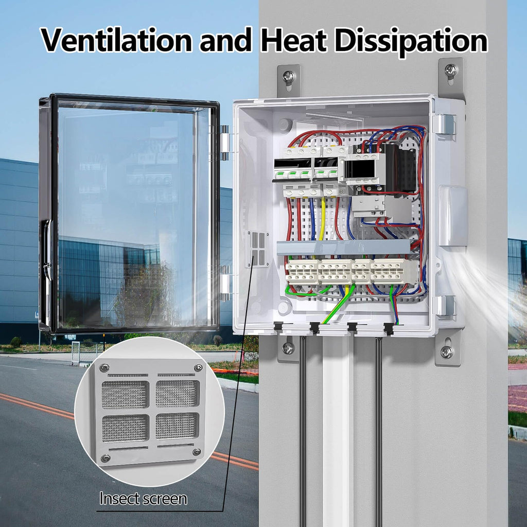 ABS Electrical Junction Box, Ventilated Design, Cable Grommets, IP65 Waterproof Enclosure, Indoor/Outdoor Use with Mounting Panel. (Clear Cover, 8.7"x6.7"x4.3")