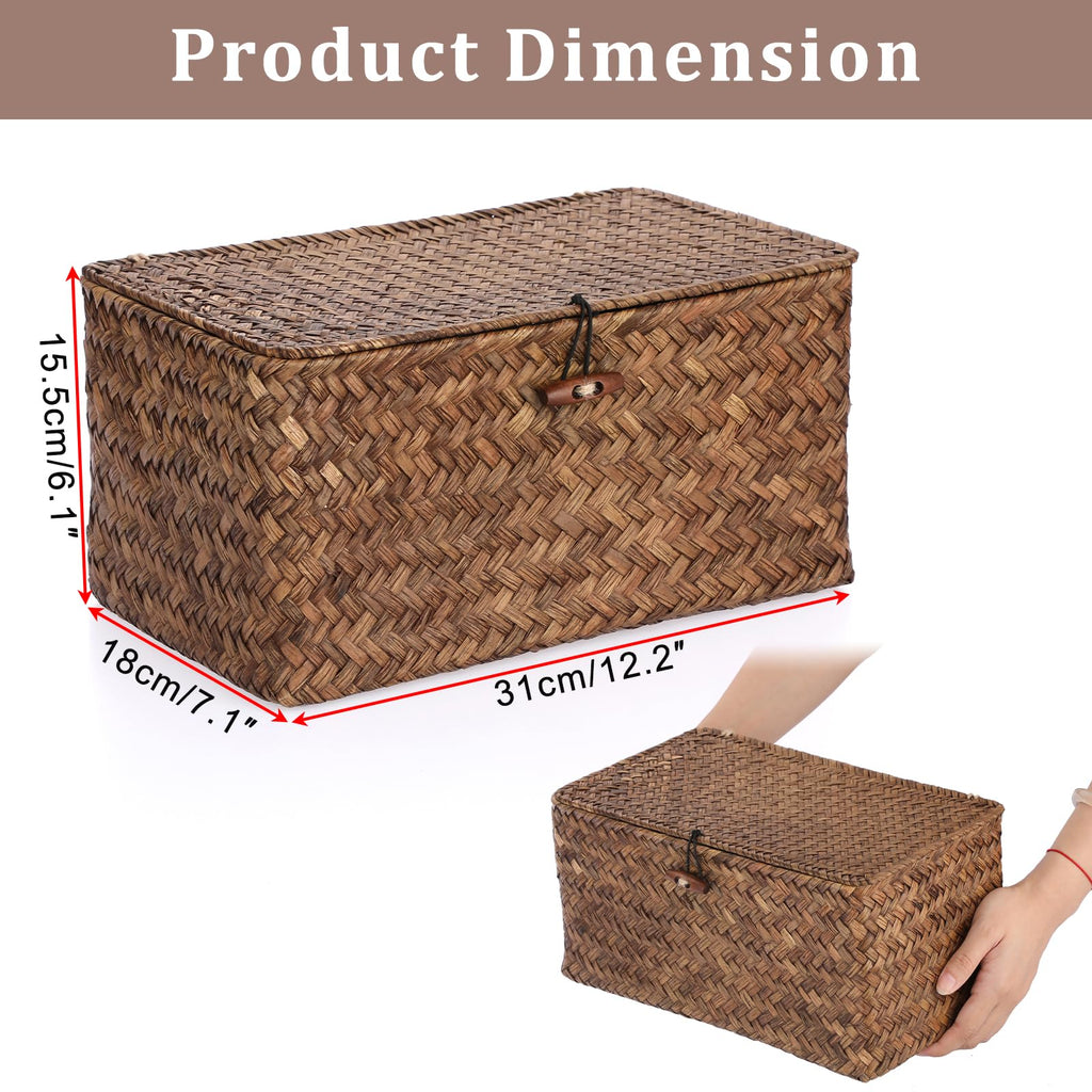Sumnacon Wicker Basket with Lid Rectangle Woven Baskets for Toiletries Tampon Storage,Wicker Storage Basket with Lid,Decorative Seagrass Storage Baskets for Shelf Bathroom Toilet Table, Caramel