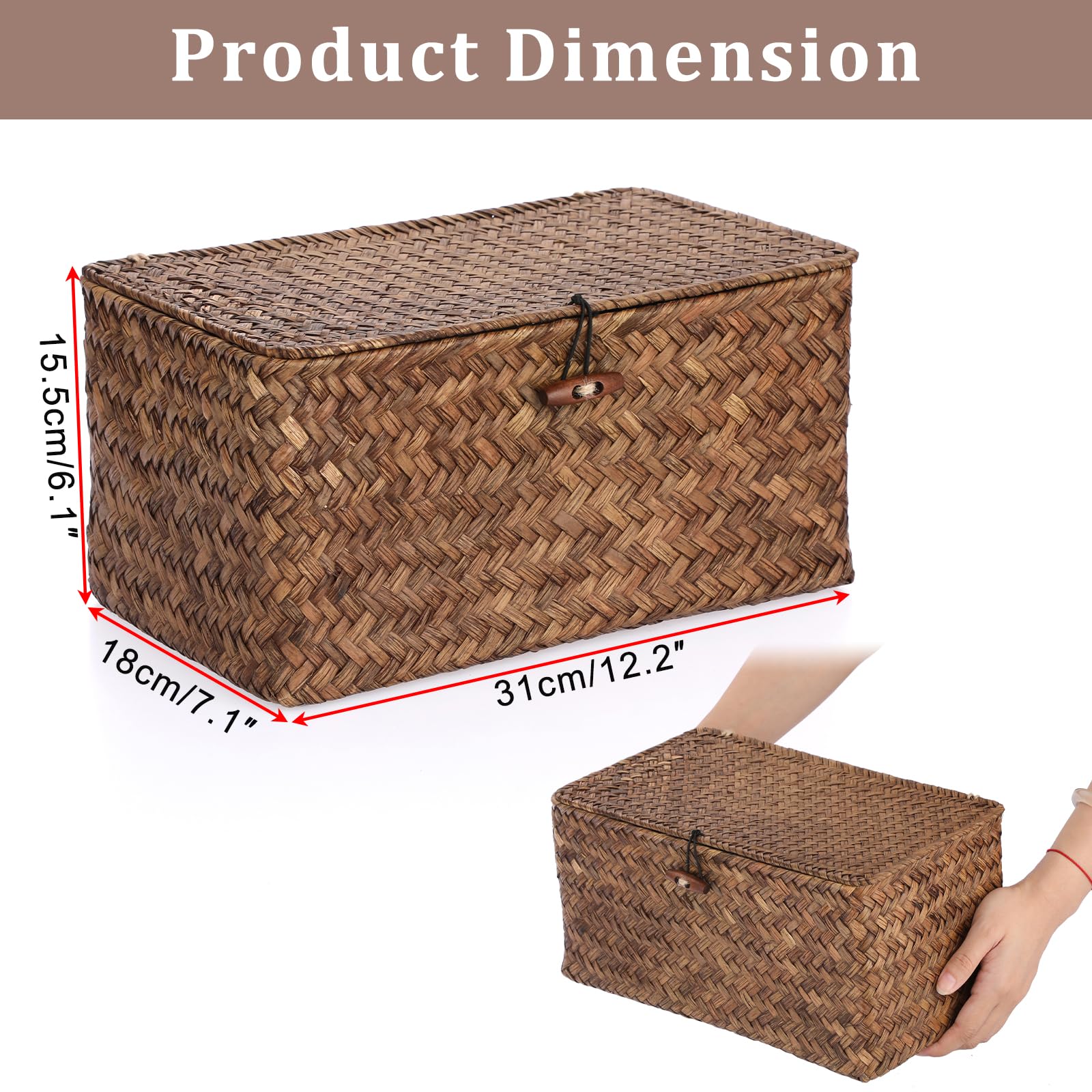 Sumnacon Wicker Basket with Lid Rectangle Woven Baskets for Toiletries Tampon Storage,Wicker Storage Basket with Lid,Decorative Seagrass Storage Baskets for Shelf Bathroom Toilet Table, Caramel