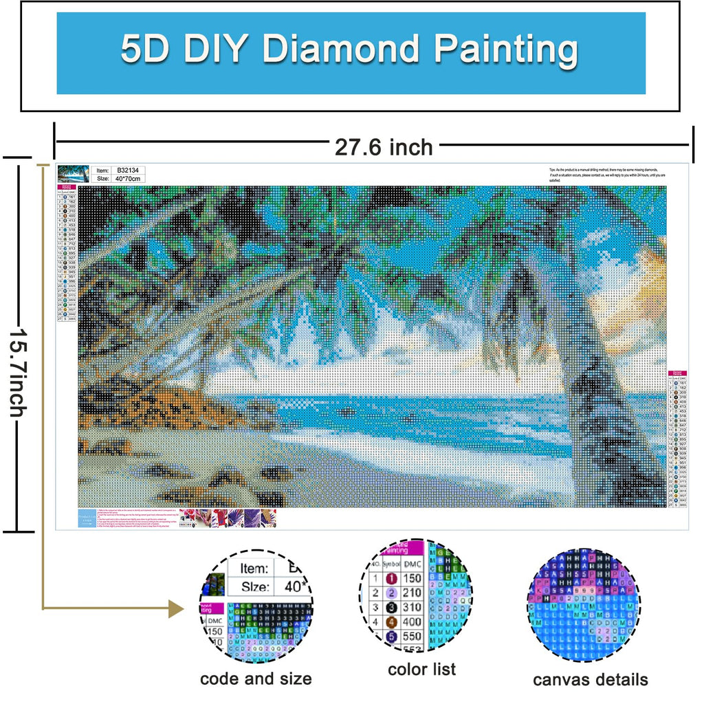 Yunnuo Diamond Art Kit, Tropical Beach Sunset with Palm Trees, DIY Round Gem Art Canvas, Crafts for Adults and Beginners, 12x16 in, Landscape Painting