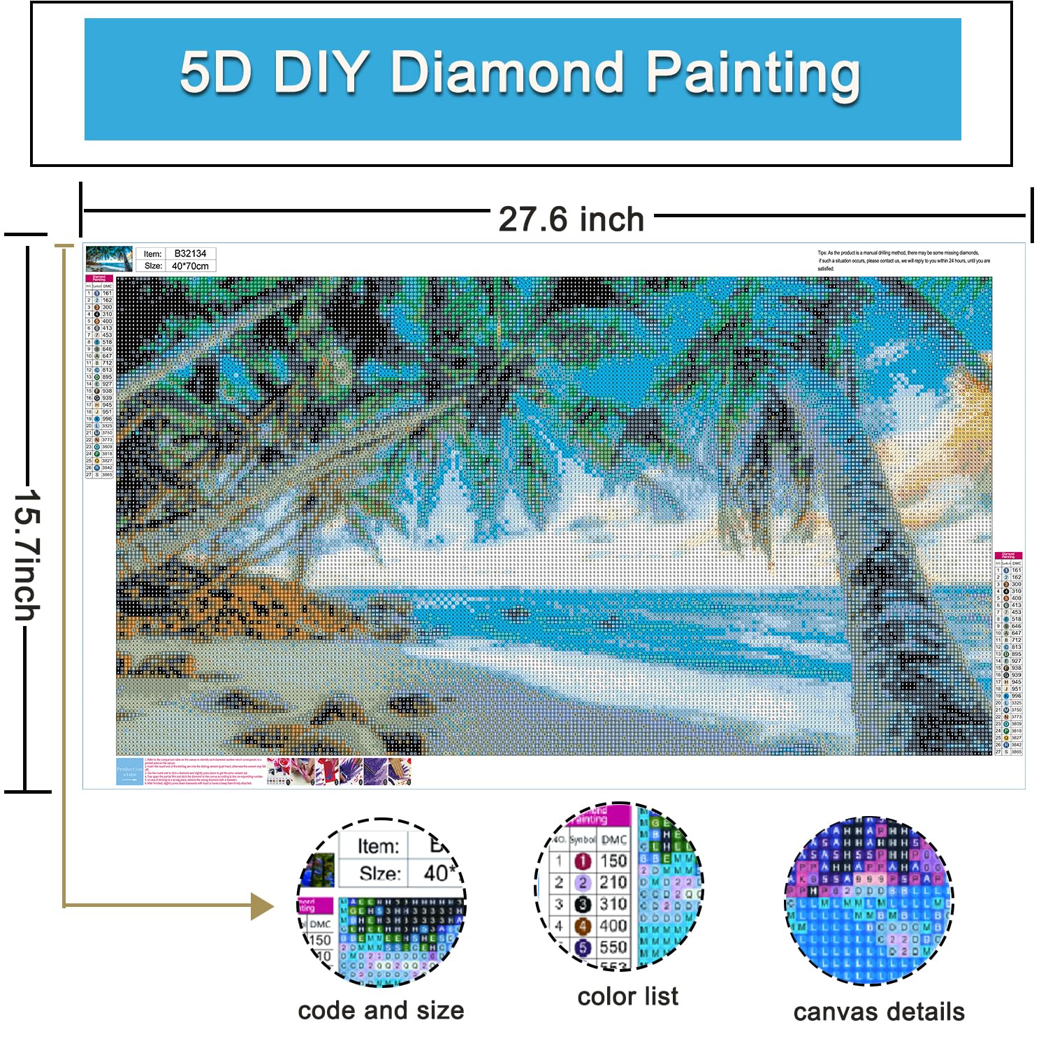 Yunnuo Diamond Art Kit, Tropical Beach Sunset with Palm Trees, DIY Round Gem Art Canvas, Crafts for Adults and Beginners, 12x16 in, Landscape Painting