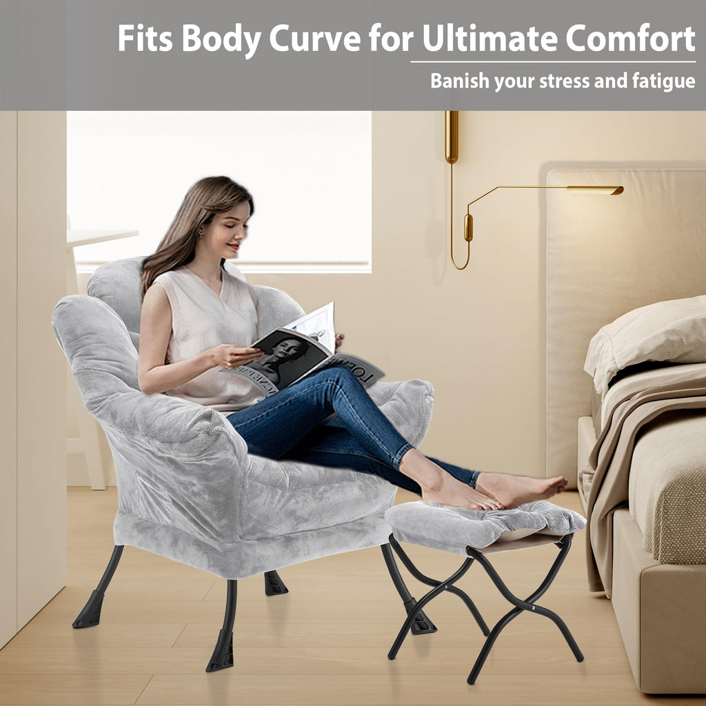 Youtanic Lazy Chair with Folding Ottoman, Accent Chair Velvet Upholstered with Metal Structure and Non-Slip Pads, Sofa Armchair with Footrest and Side Storage Bag for Dorm, Room, Office, Beige