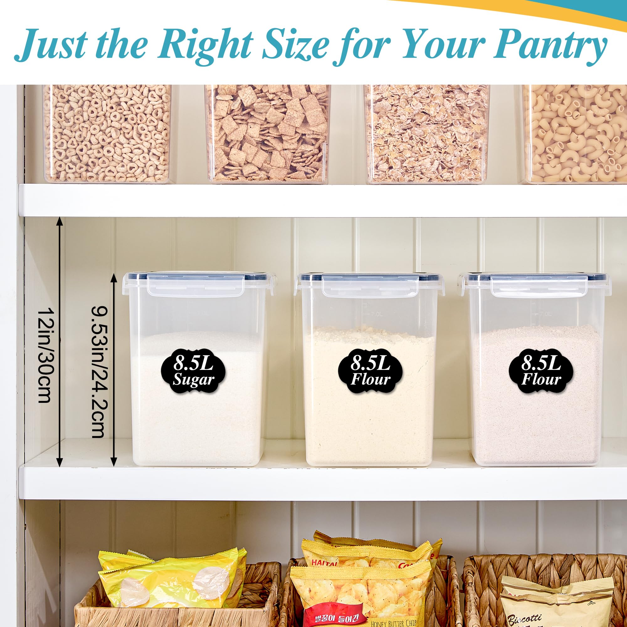 Vtopmart Food Storage Containers 2.5L / 84.5oz, 4 Pieces BPA Free Plastic Airtight Canister for Flour, Sugar, Baking Supplies, with 4 Measuring Cups and 24 Labels, Black