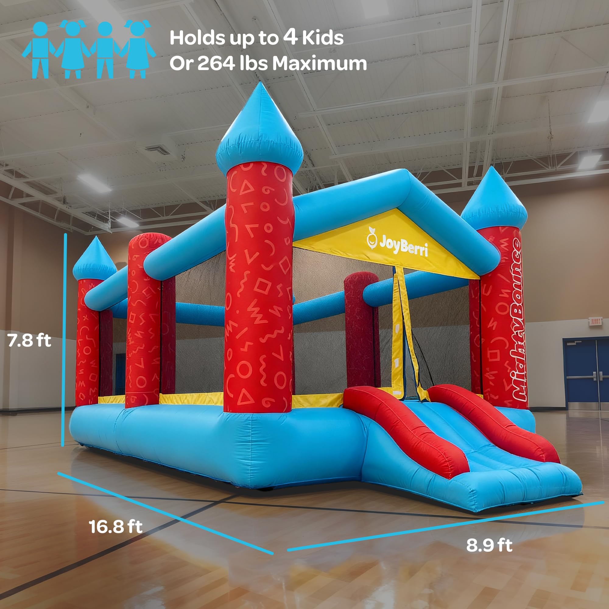 JoyBerri Mighty Bounce House with Blower -16.8' x8.9' Ft Extra Large Inflatable Bouncy Castle with Slide, Volleyball Net, Basketball Hoop — Kids Bounce House for Big Kids 5-12, Outdoor -ASTM Certified