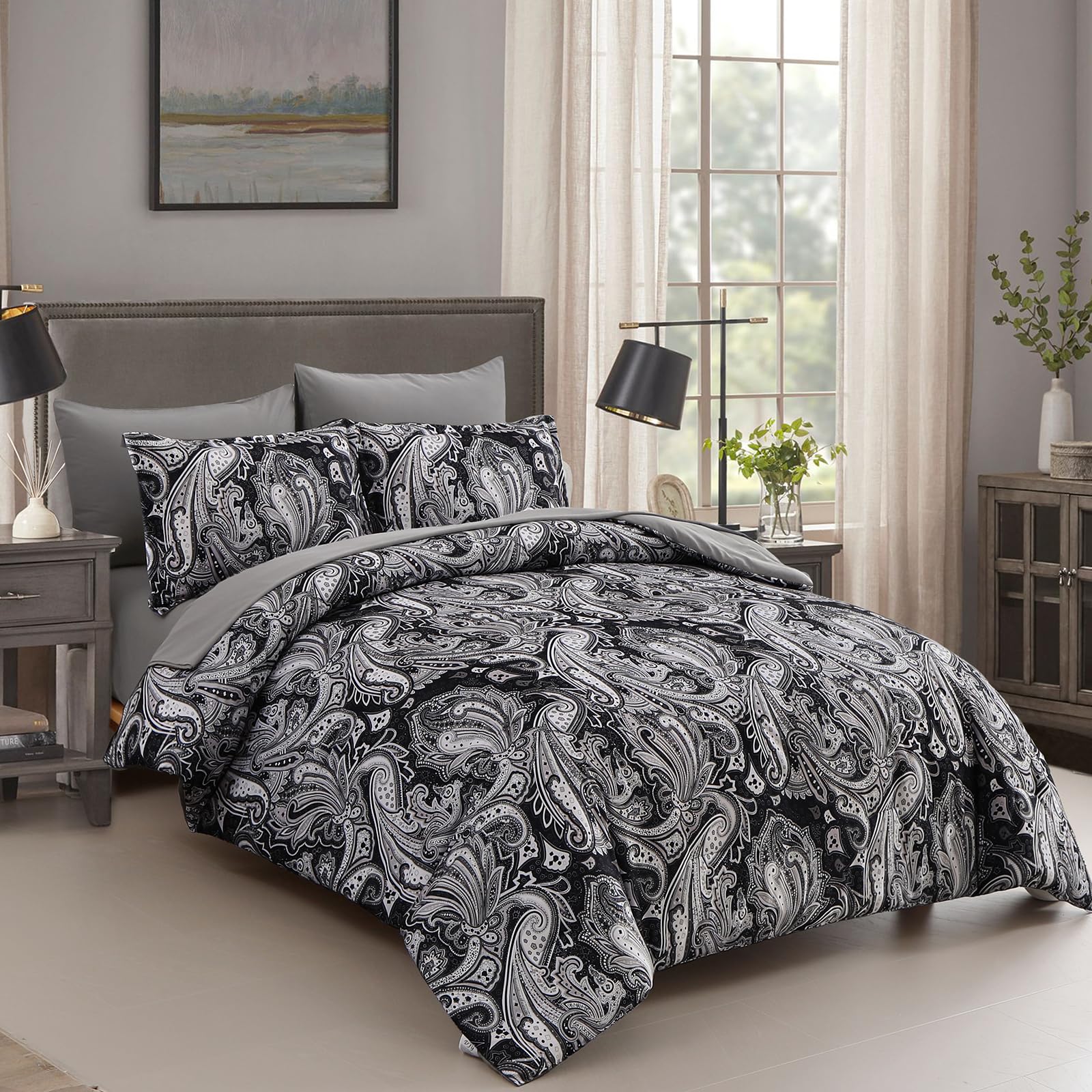 DJY Black Paisley Comforter Set Full Size 7 Piece Bed in a Bag Black and Grey Boho Paisley Pattern Comforter Set Soft Lightweight Microfiber Reversible Bedding Set for All Season