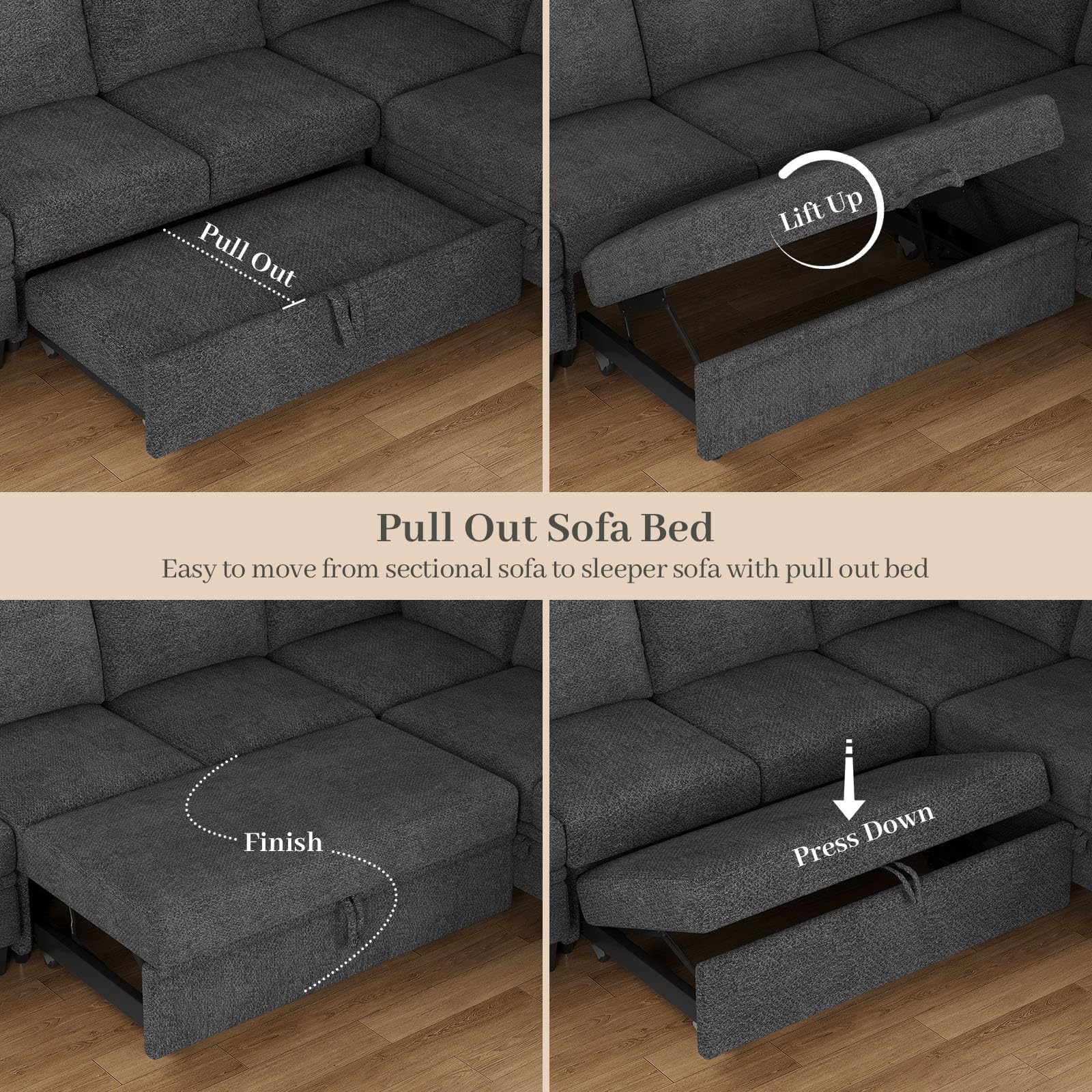 Belffin Modular Sectional Sleeper Sofa Bed with Storage Chaise L Shaped Sectional Couches for Living Room Armrest with Cup Holder. White Couch