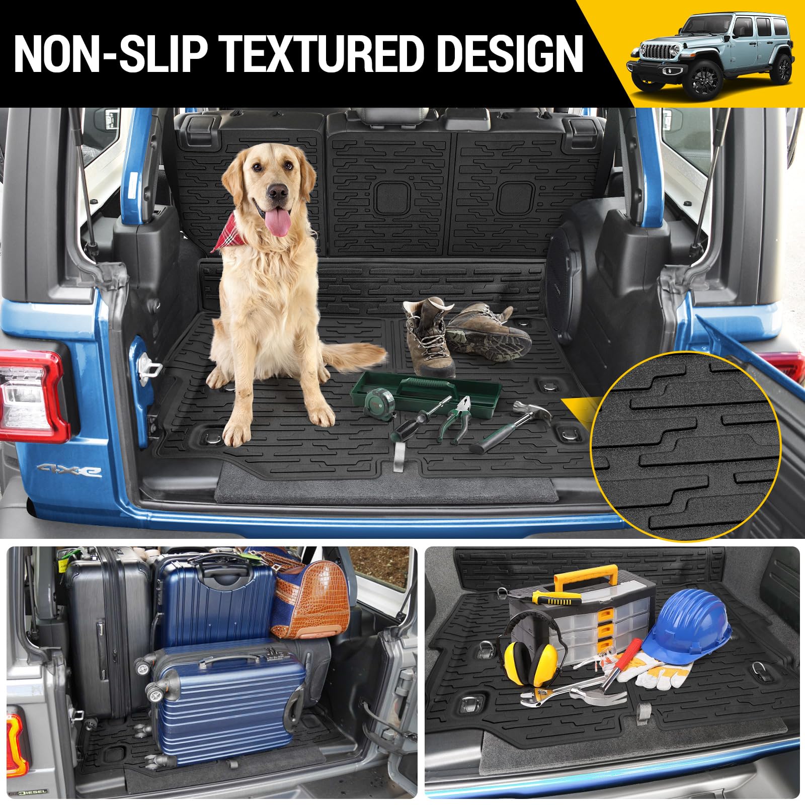Cargo Mats for 2018-2025 Jeep Wrangler JL Unlimited 4X4 Trunk Mat with Backrest Liner, All Weather TPE Protector Rear Back Seat Mats for 18-25 Wrangler JL 4X4 4 Door Accessories