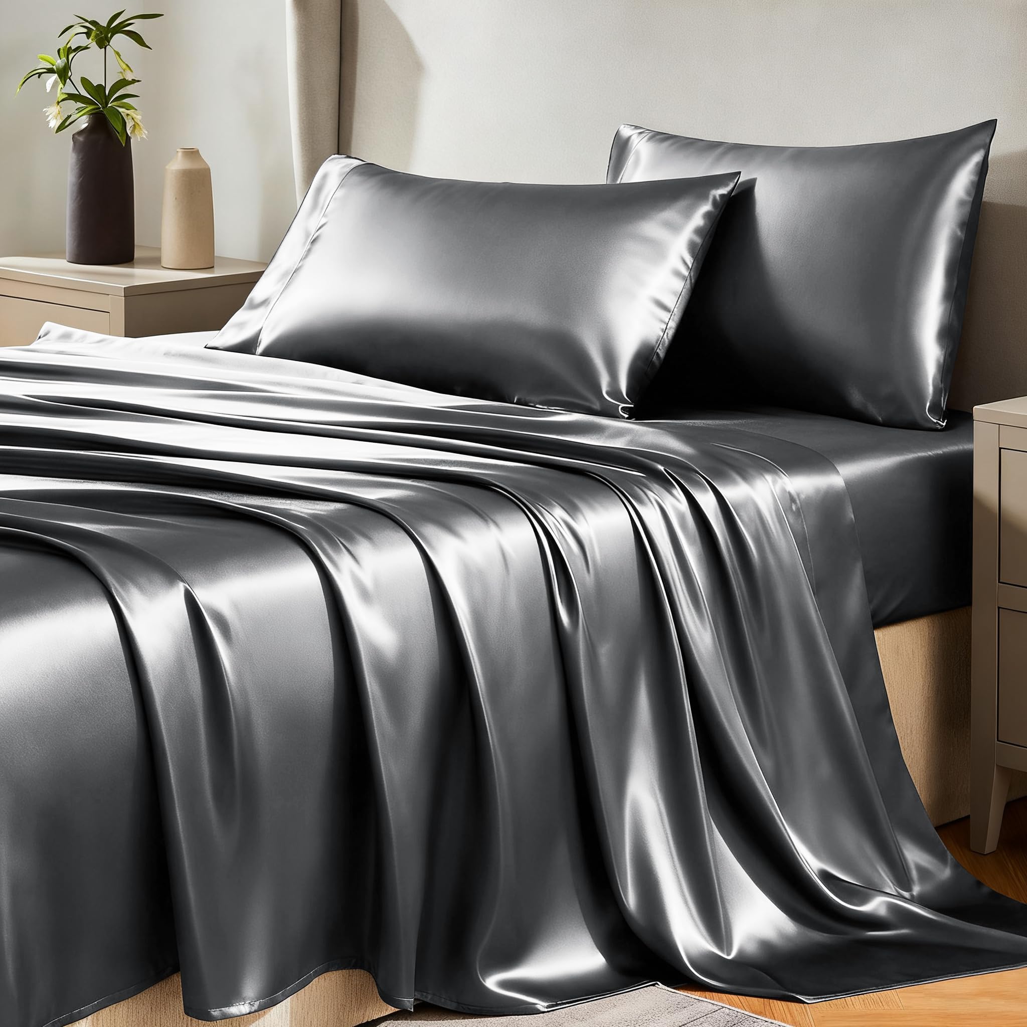 CozyLux Satin Sheets Twin Sheet Set - Silky Soft Bedding Similar to Silk, 3 Piece Sheets for Hair and Skin, Deep Pocket with All-Around Elastic, Home Decor for Bedroom, Black