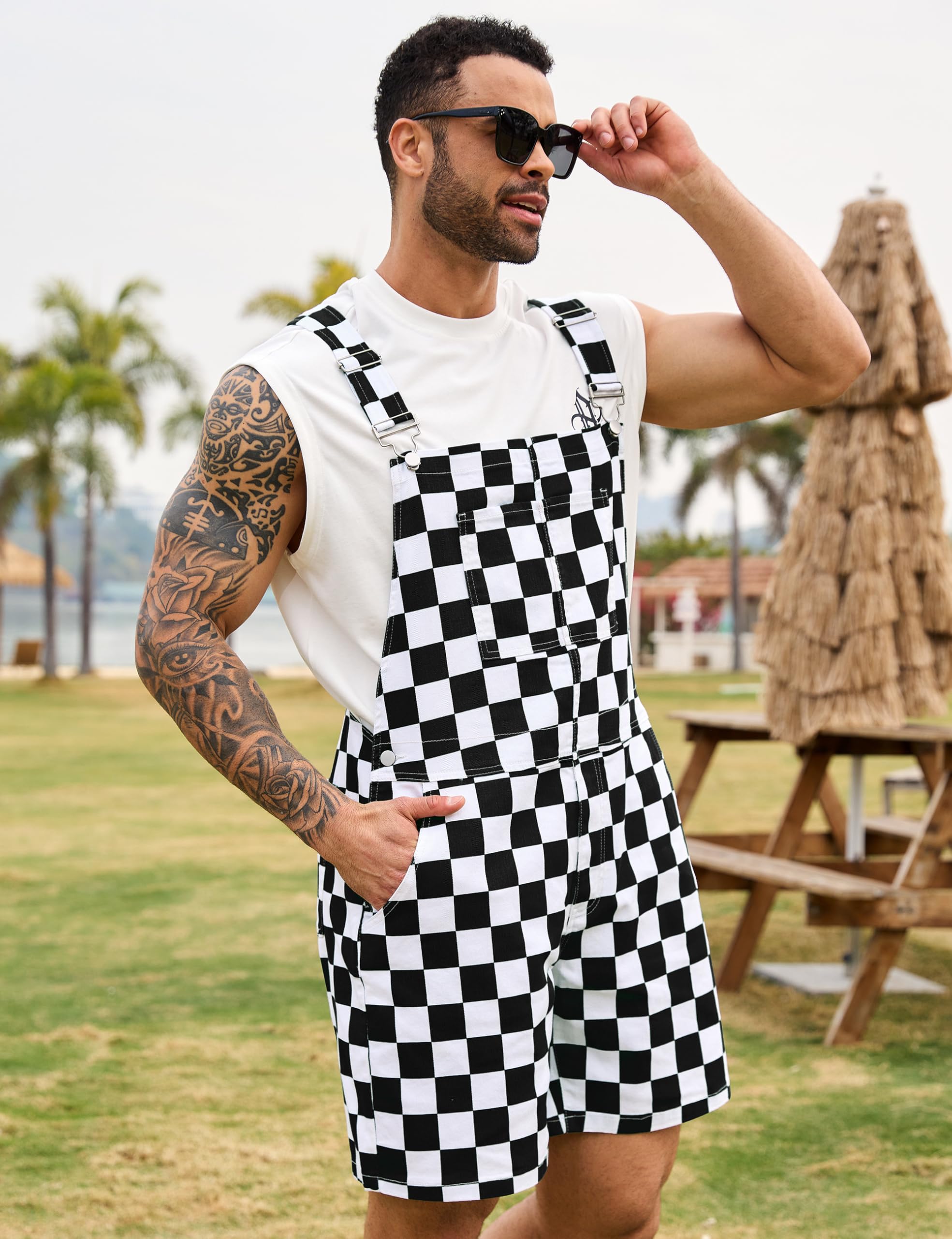Odefou Checkered Bib Overalls for Men Jumpsuit Shorts Work Coveralls