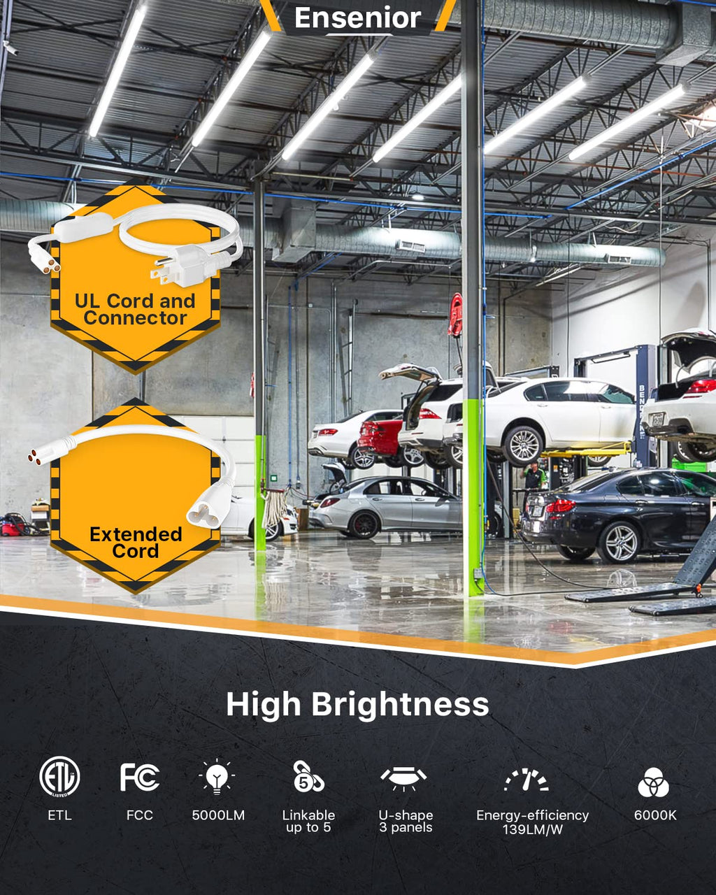 Ensenior 4FT LED Shop Lights - 5000LM 6000K Ultra Bright Daylight, T8 Commercial Bay Lighting, LED Lights for Garage/Shop/Basement, 36W (139 LM/W), Linkable, Plug & Play, ETL & FCC Certified, 4 Pack
