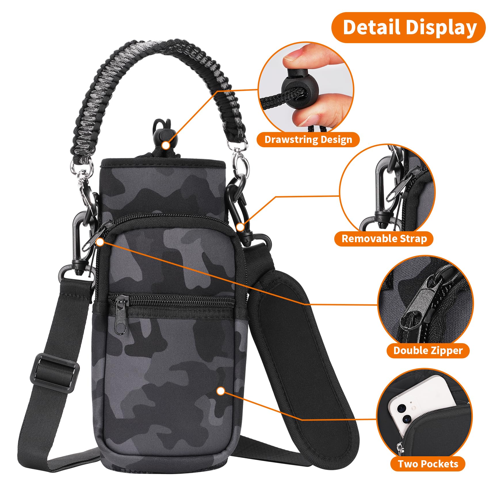 AceTreker 32/40/64/128 oz Neoprene Insulated Water Bottle Carrier Bag, Sling Bag Sleeve Pouch Holder with Strap & Paracord Handle and 2 Pocket for Travelling, Hiking, Camping