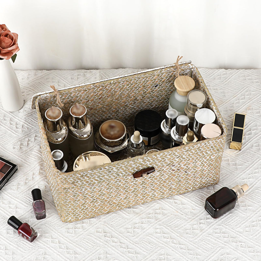 Sumnacon Wicker Basket with Lid Rectangle Woven Baskets for Toiletries Tampon Storage,Wicker Storage Basket with Lid,Decorative Seagrass Storage Baskets for Shelf Bathroom Toilet Table, Caramel