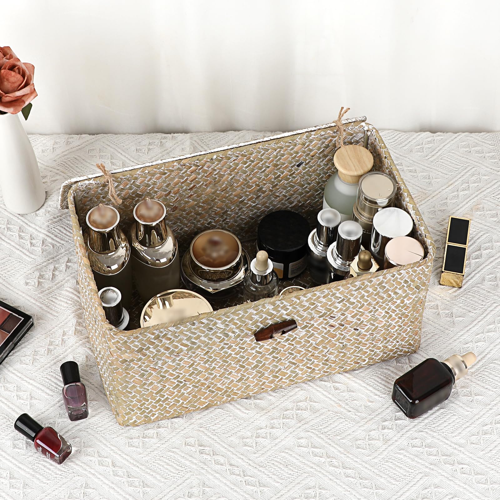 Sumnacon Wicker Basket with Lid Rectangle Woven Baskets for Toiletries Tampon Storage,Wicker Storage Basket with Lid,Decorative Seagrass Storage Baskets for Shelf Bathroom Toilet Table, Caramel
