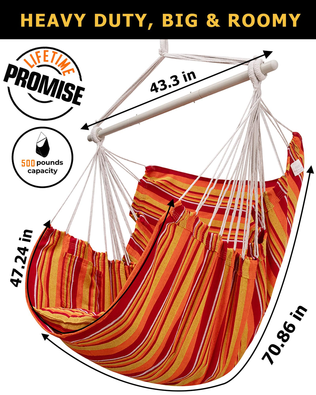 ADVOKAIR Hammock Chair Large 70.9"x47.2", 32% Bigger XXL Hanging Swing Chair with 500lbs Capacity, Heavy Duty Steel Spreader Bar, Extra Roomy Comfort for Adult Indoor Outdoor Bedroom Patio