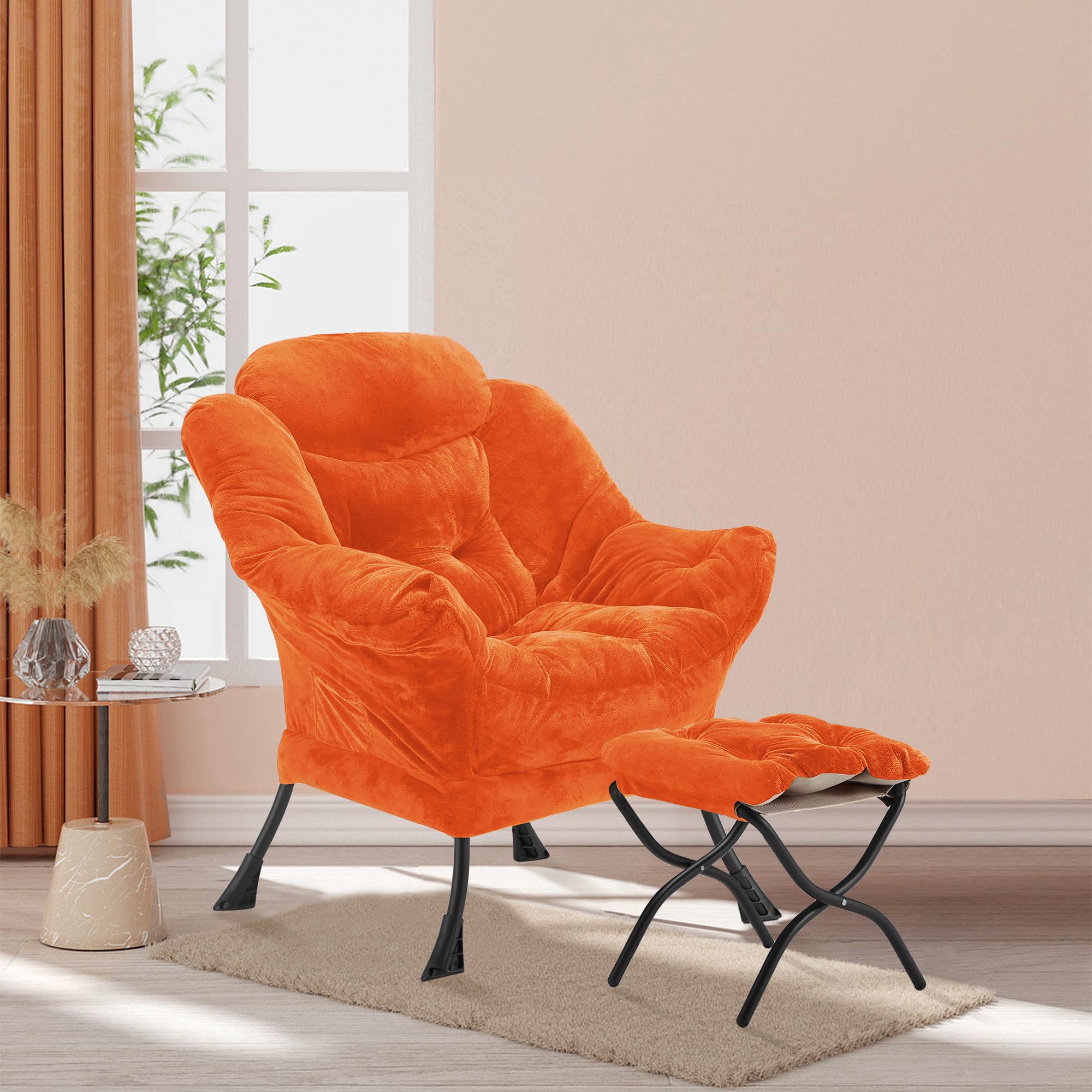 Youtanic Lazy Chair with Folding Ottoman, Accent Chair Velvet Upholstered with Metal Structure and Non-Slip Pads, Sofa Armchair with Footrest and Side Storage Bag for Dorm, Room, Office, Beige