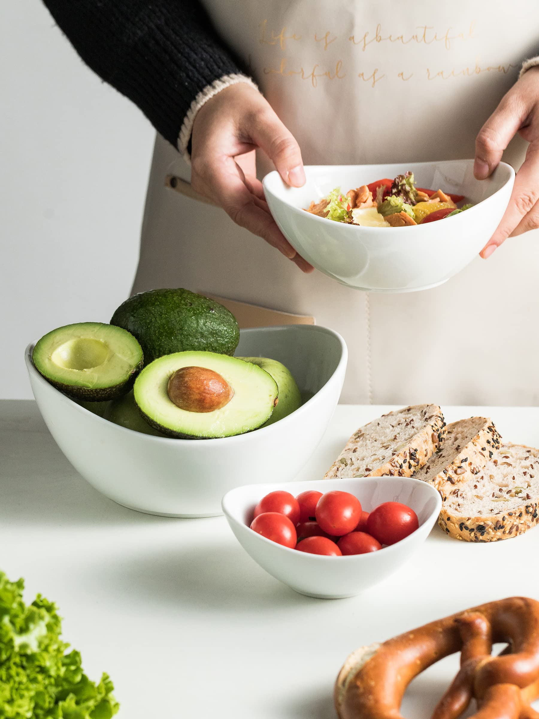 Miamolo 3 Tier Serving Bowls with Stand for Entertaining Party | Ceramic, Chip and Dip Set | Food Display for Fruit Salad Snacks | Space-saving Storage | Microwave & Dishwasher Safe