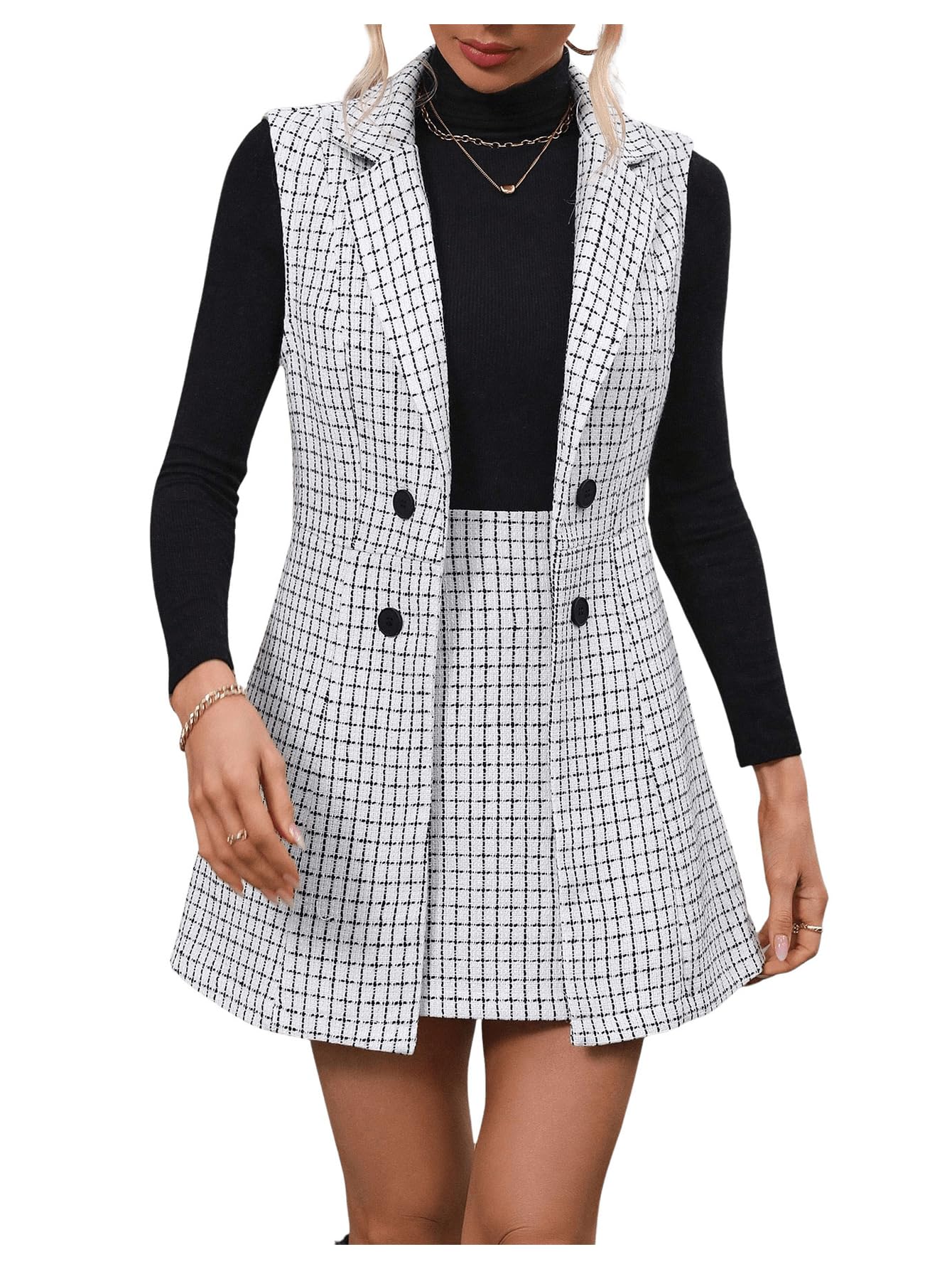 Floerns Women's 2 Piece Outfit Workwear Plaid Print Lapel Neck Vest Blazer and Skirt Set
