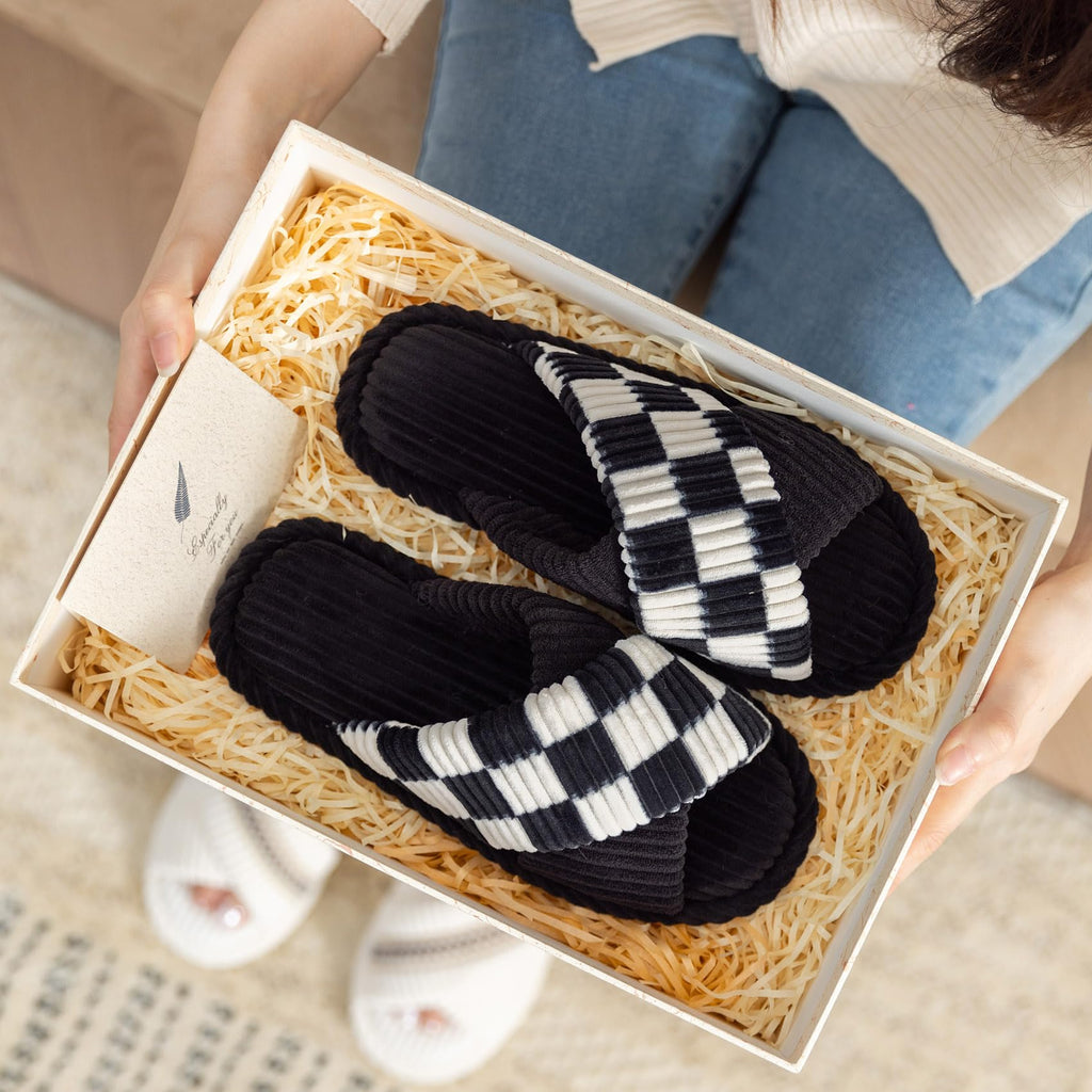 GOEWY Slippers for Women Memory Foam House Bedroom Corduroy Crossbands Open Toe Slides Sandals Shoes Comfy Trendy Gift for womens Anti-Skid sole