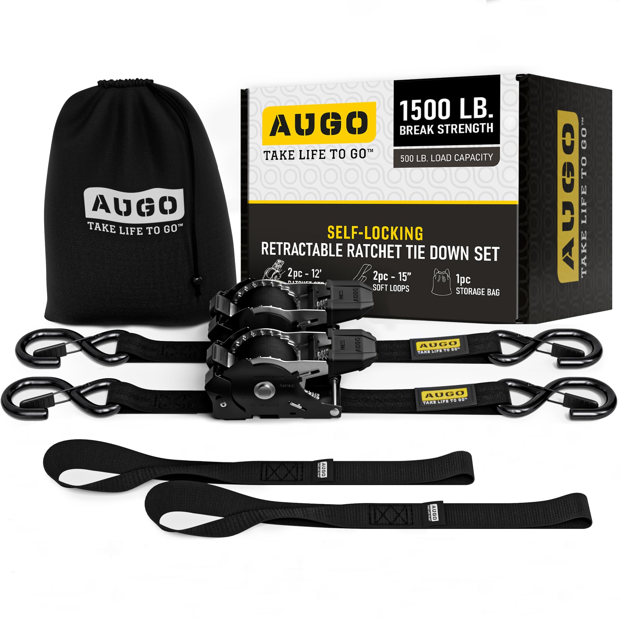 AUGO Retractable Ratchet Straps | 2 Heavy Duty Ratchet Straps Self Retractable Tie Downs with Soft Loops & Storage Bag for Motorcycle, Truck, Trailer, Cargo Van | 1200 Lb Break Strength 1” x 10’